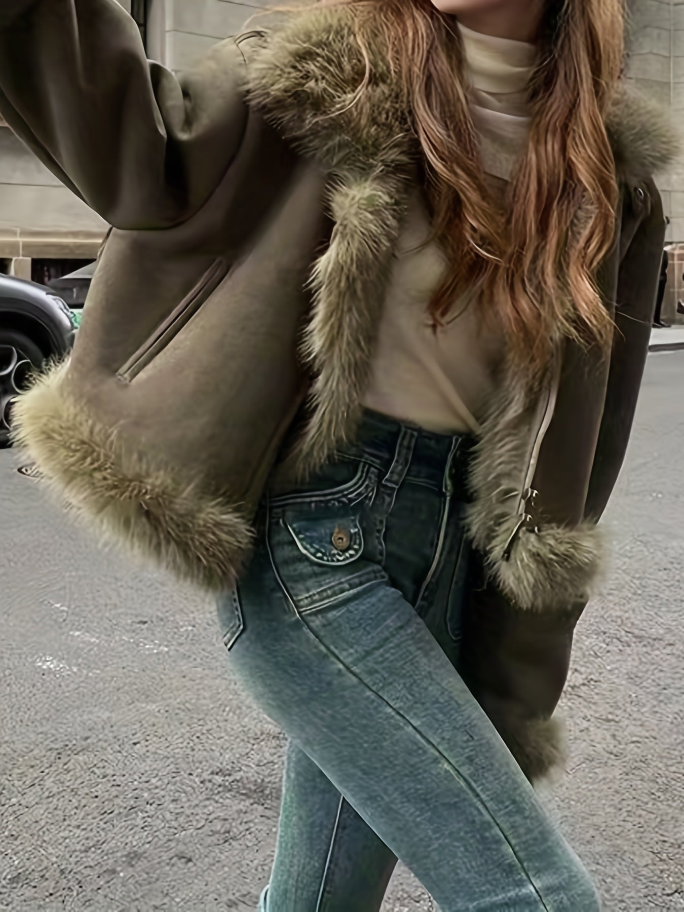 vlovelaw Faux Fur Trim Zip Up Jacket, Elegant Long Sleeve Warm Outerwear For Fall & Winter, Women's Clothing