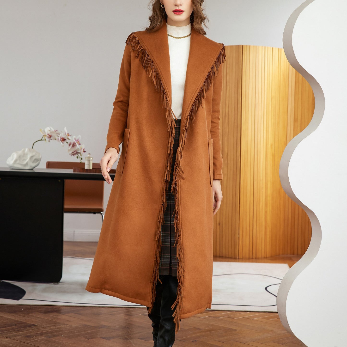 vlovelaw Tassel With Pocket Solid Coat, Casual Belted Long Sleeve Coat For Fall, Women's Clothing