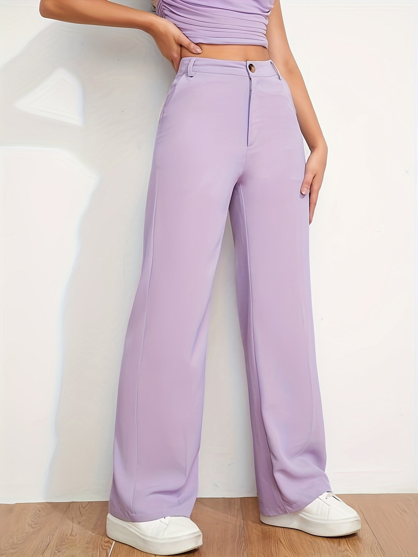 vlovelaw Solid High Waist Trousers, Straight Leg Dual Pockets Pants For Work & Office, Women's Clothing