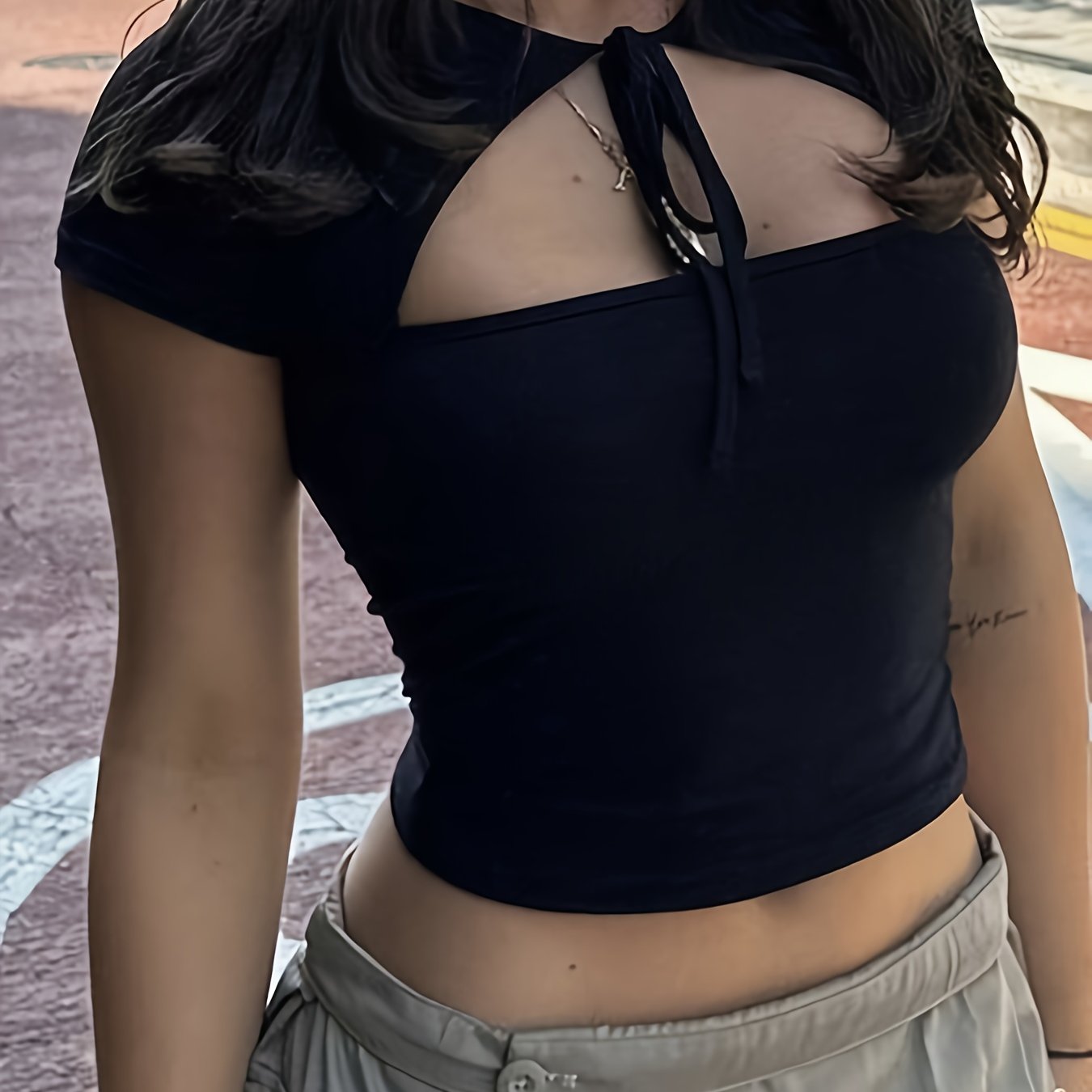 vlovelaw Cut Out Tie-neck Crop Top, Y2K Short Sleeve Top For Spring & Summer, Women's Clothing