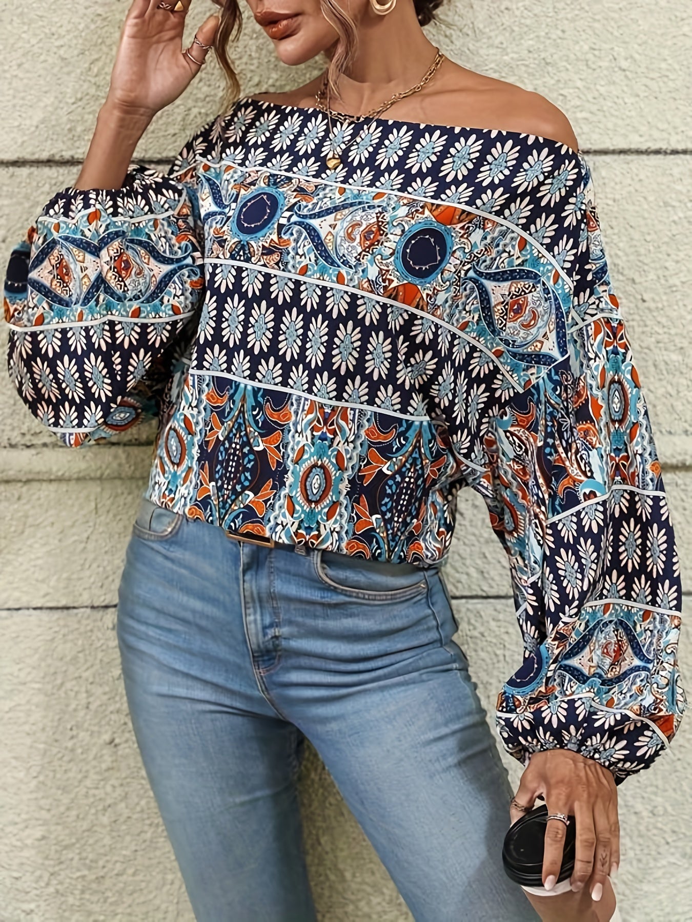 vlovelaw Ethnic Graphic Print Blouse, Casual Off Shoulder Long Sleeve Blouse, Women's Clothing