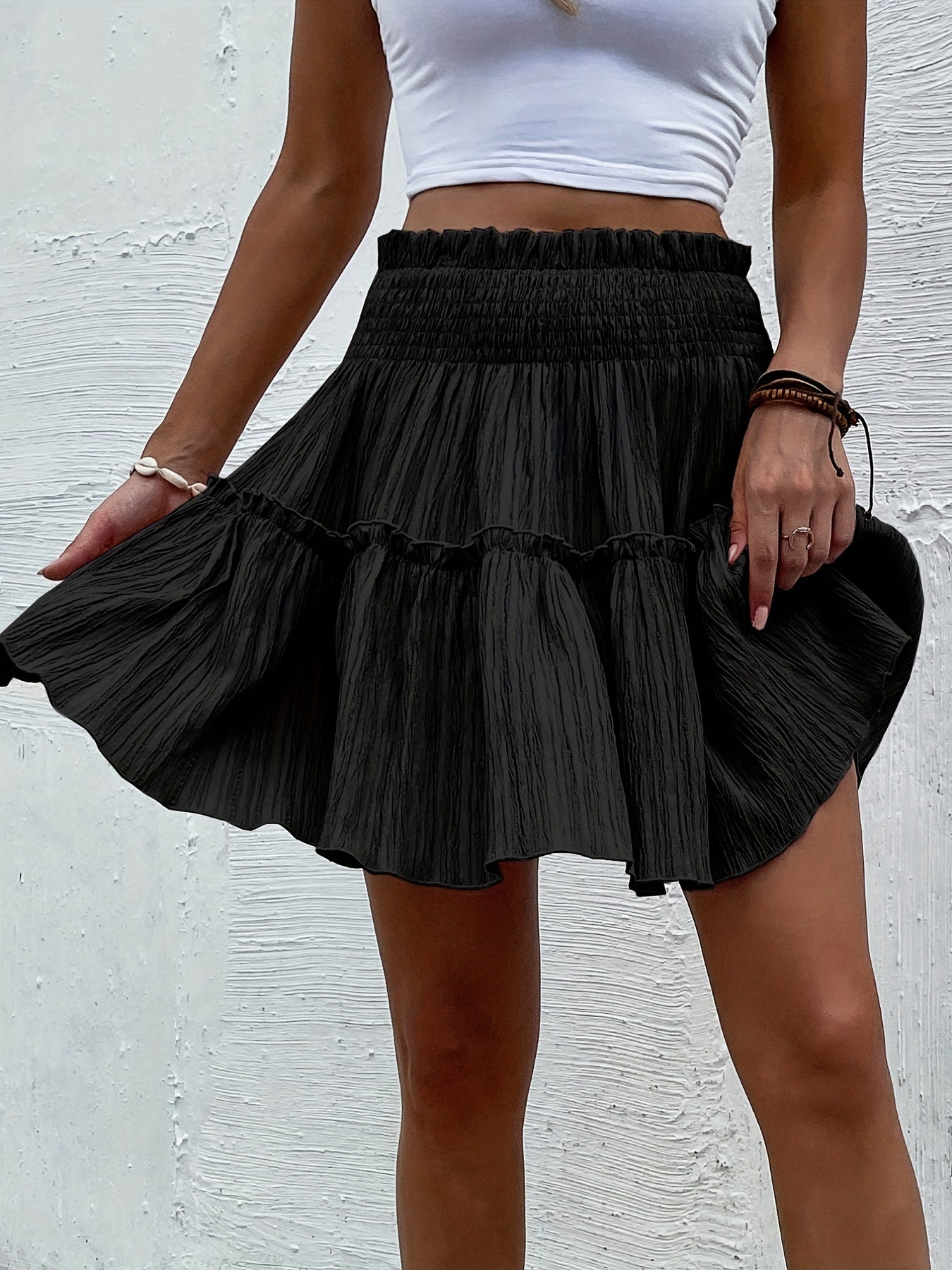 vlovelaw Textured Ruffle Hem Skirt, Casual Smocked Waist Skirt For Spring & Summer, Women's Clothing