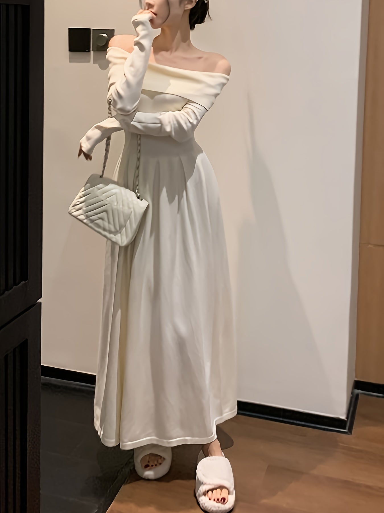 vlovelaw Solid Off Shoulder Aline Dress, Elegant Ruffle Hem Long Sleeve Slim Dress For Spring & Fall, Women's Clothing