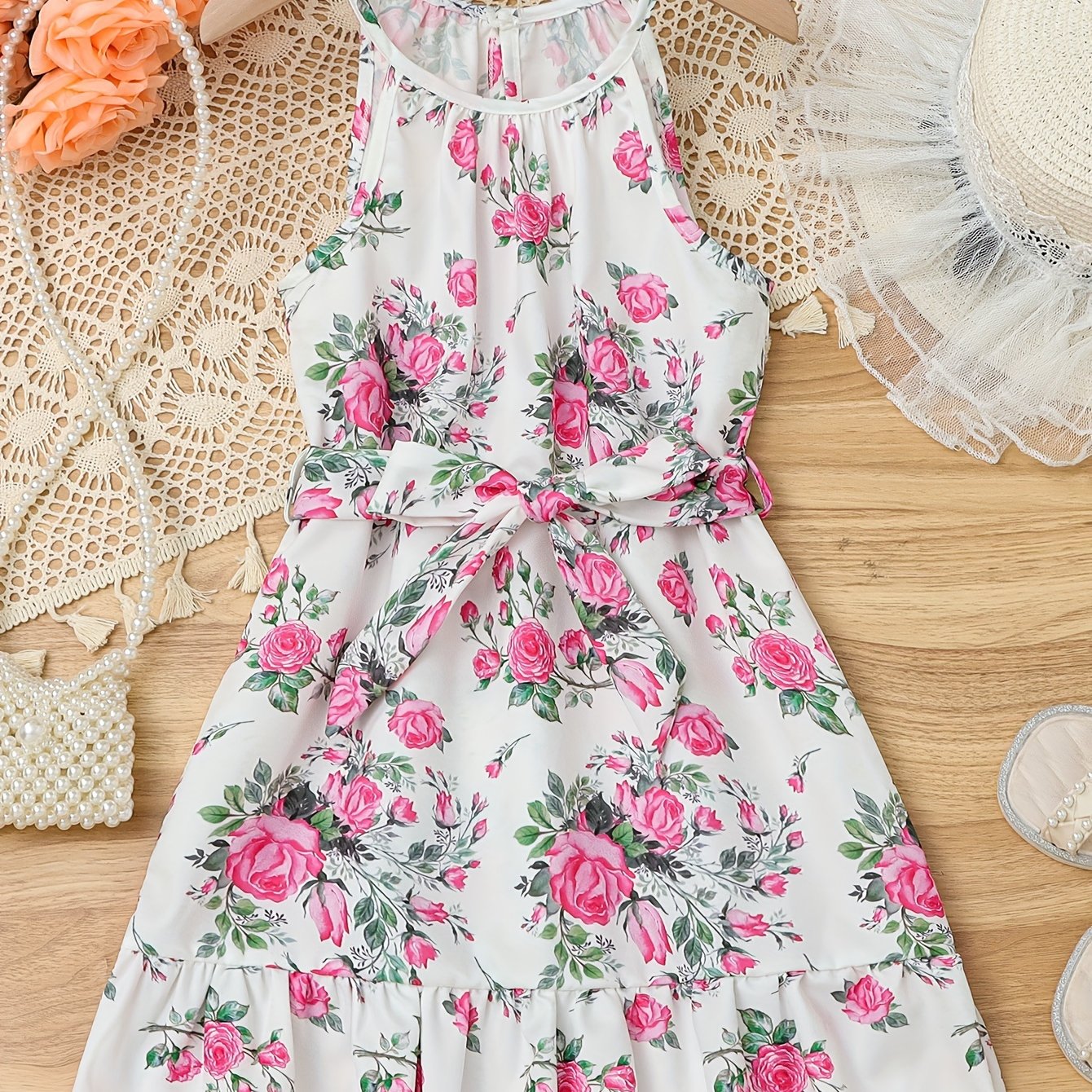 Adorable Vintage-Inspired Girls Floral Halter Dress - Flowy & Breathable for Summer Holidays, Perfect Festive Party Wear & Gift Idea