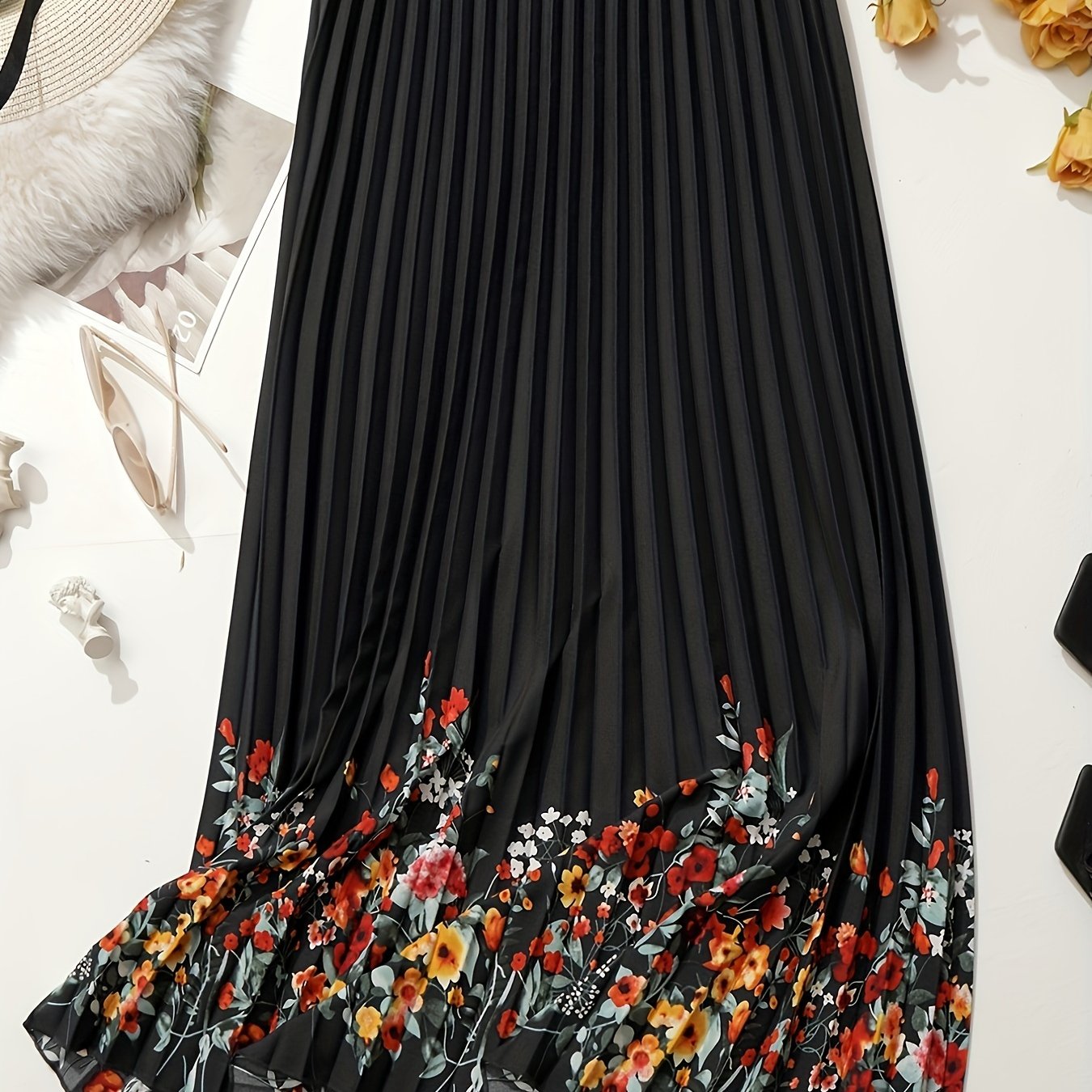 Plus Size Casual Skirt, Women's Plus Floral Print Slight Stretch Pleated Skirt