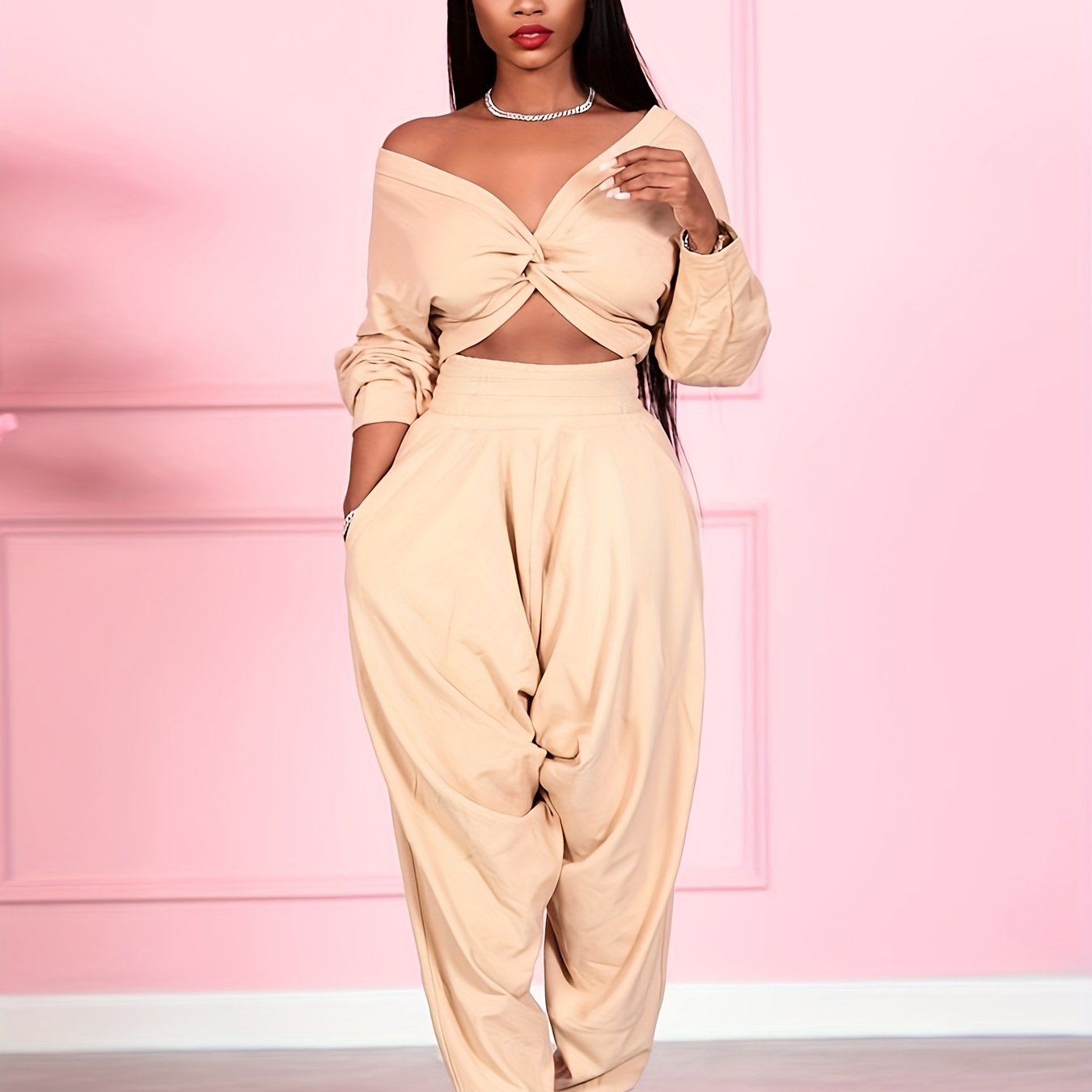 Solid Two Piece Set, V-neck Off Shoulder Crop Top & High Waist Elastic Pants, Women's Clothing