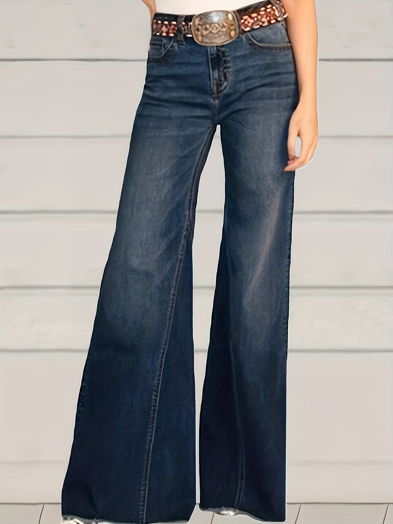 Plus Size Casual Jeans, Women's Plus Washed Button Fly High Stretch High Rise Flared Leg Jeans