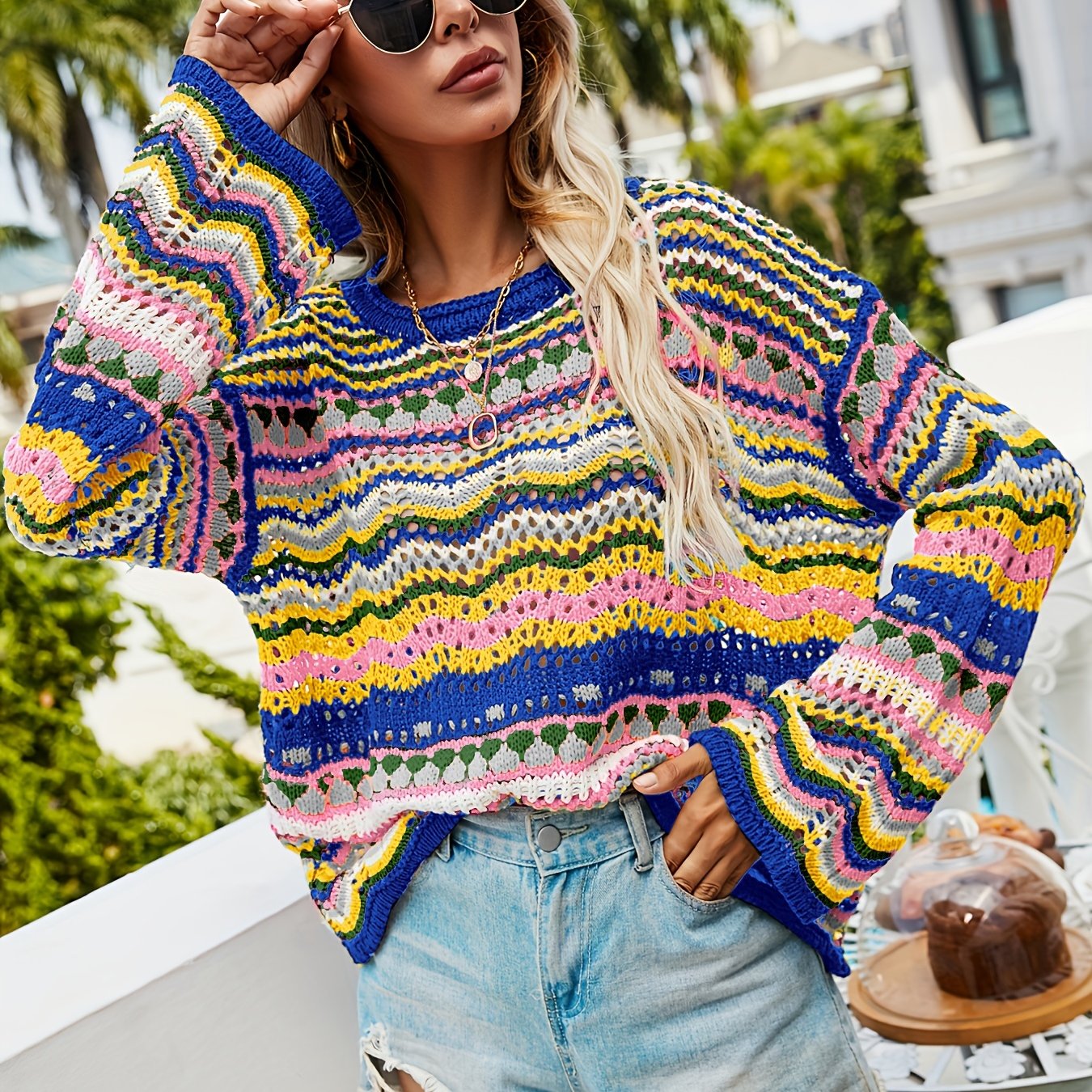 vlovelaw Hollow Striped Knit Sweater, Casual Crew Neck Long Sleeve Sweater, Women's Clothing