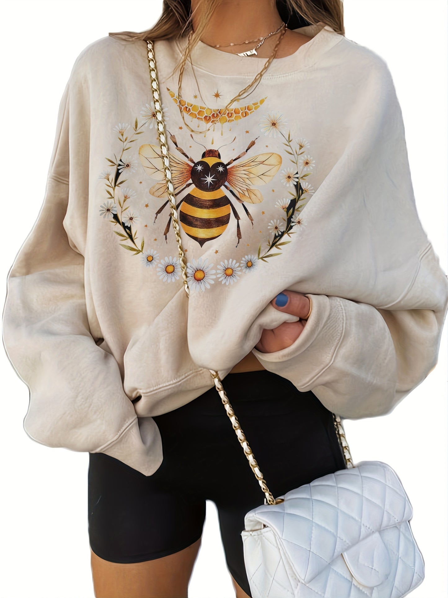 Round Neck Bee Print Pullover, Casual Fashion Loose Long Sleeve Sweatshirt, Women's Clothing