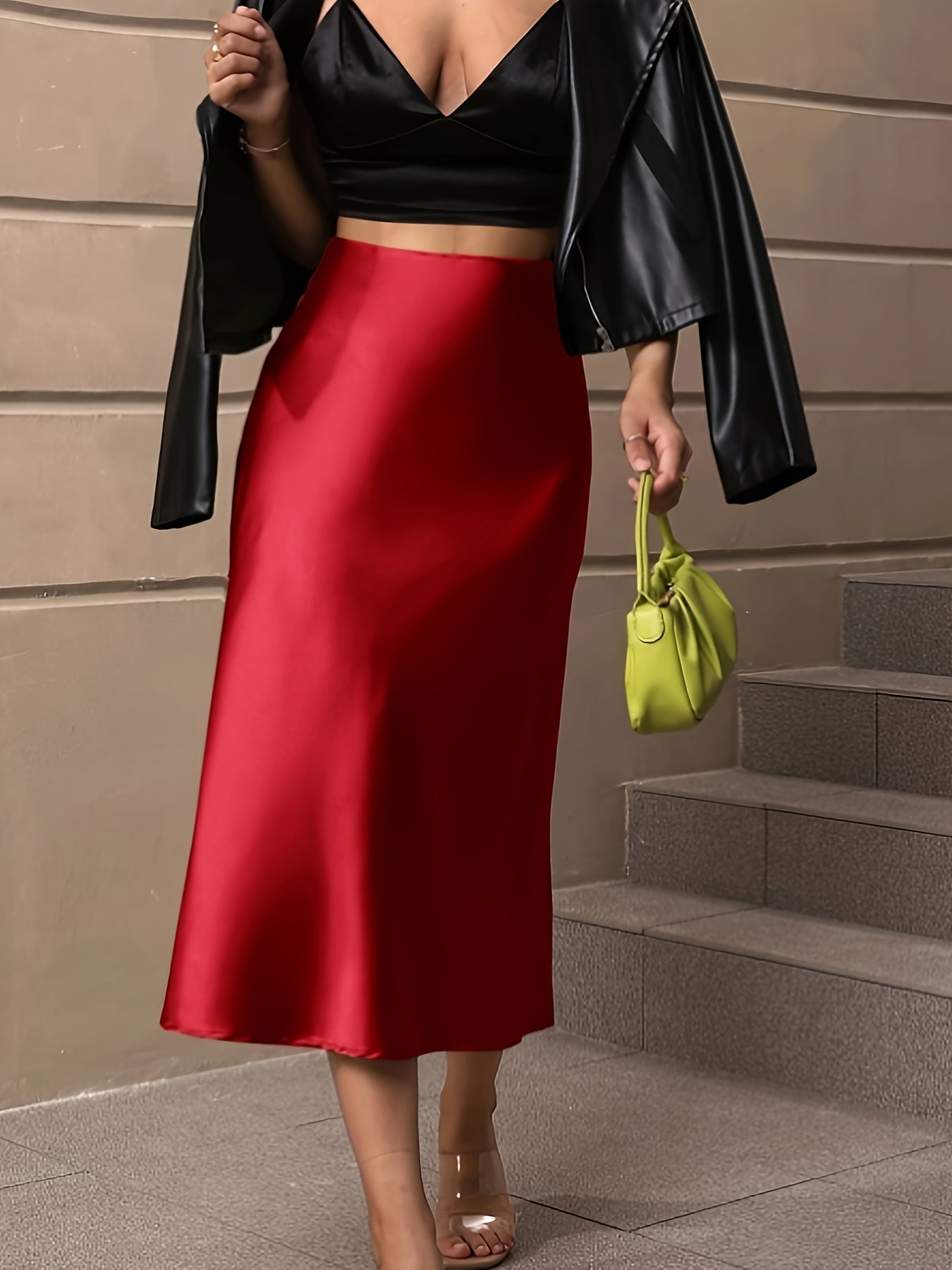 Solid High Waist Bodycon Skirt, Elegant Ruffle Hem Midi Skirt, Women's Clothing