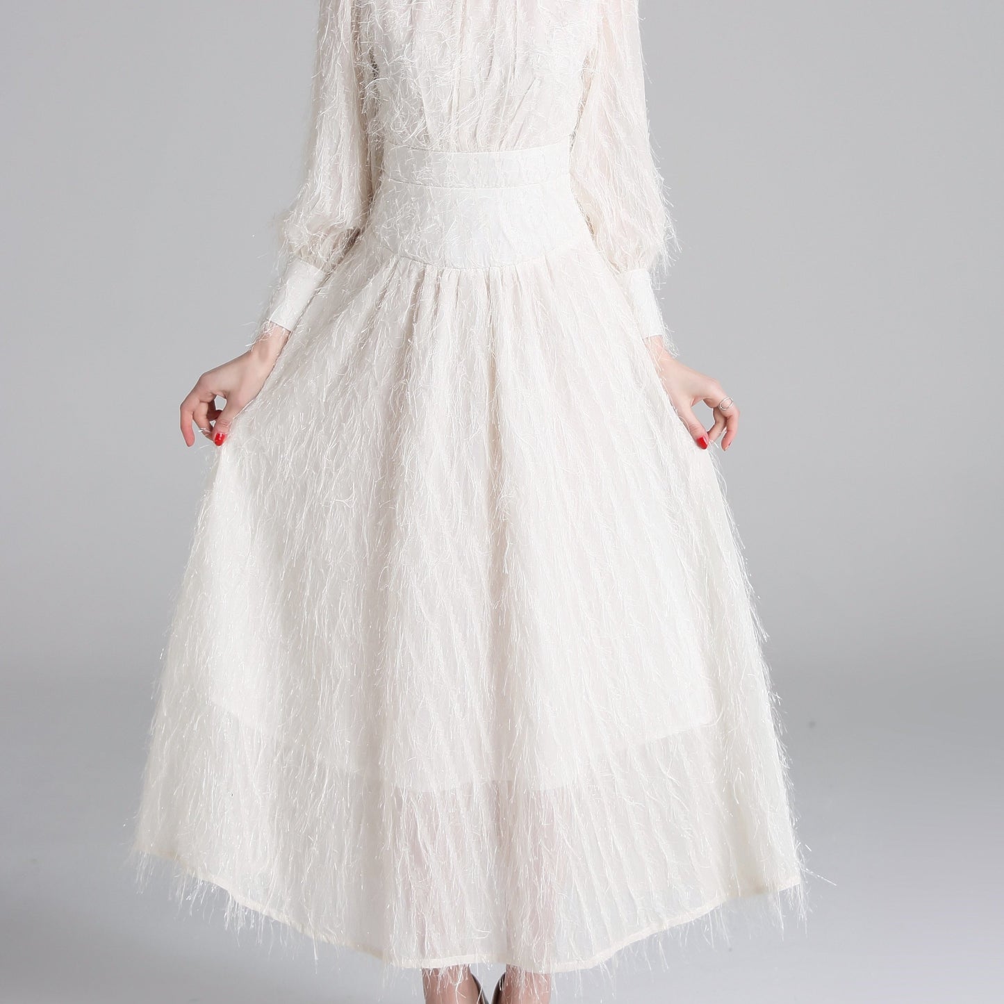 vlovelaw Solid Mock Neck Fluffy Dress, Elegant Lantern Long Sleeve Dress For Spring & Fall, Women's Clothing