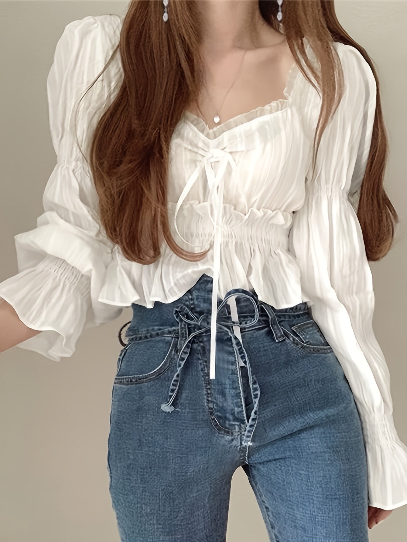 vlovelaw Ruffle Trim Queen Anne Neck Blouse, Chic Puff Sleeve Cinched Waist Crop Blouse For Spring & Fall, Women's Clothing