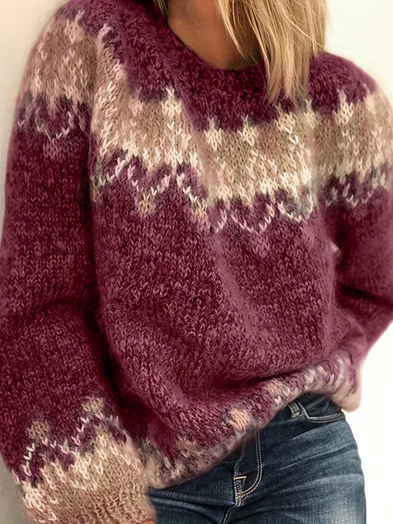 Color Block Mohair Chunky Knit Pullover Sweater, Casual Long Sleeve Raglan Shoulder Sweater For Fall & Winter, Women's Clothing