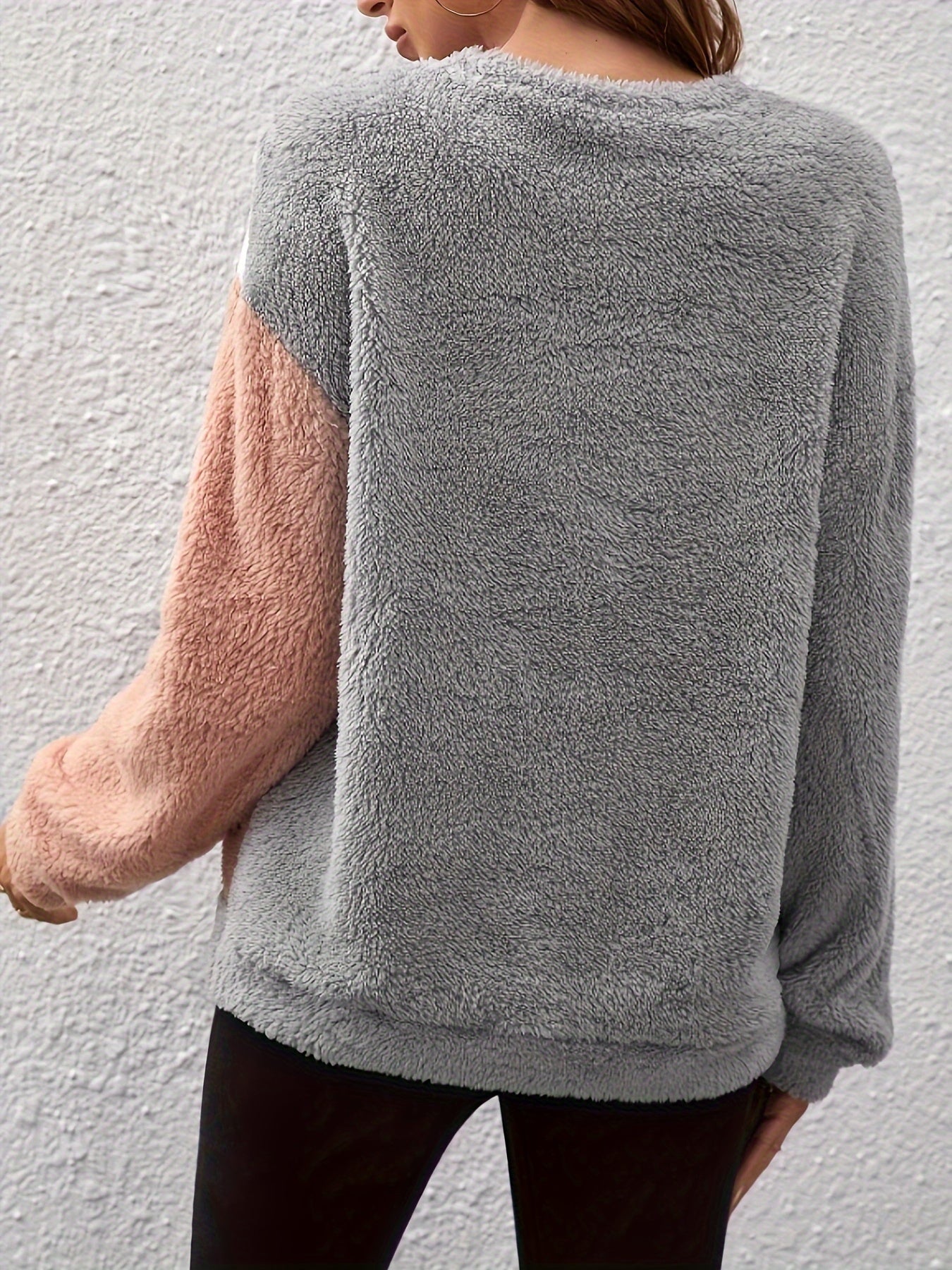 vlovelaw Contrast Color Casual Pullover Sweatshirt, Long Sleeves Crew Neck Fluffy Sweatshirt, Women's Activewear