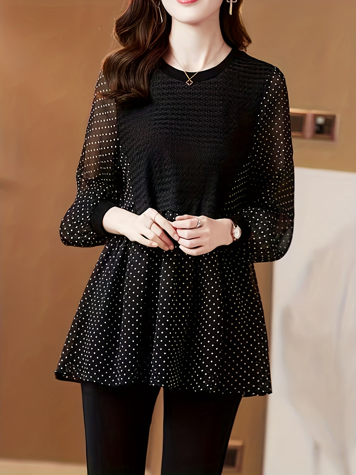 Polka Dot Print Splicing Blouse, Elegant Ruffle Hem Long Sleeve Blouse, Women's Clothing