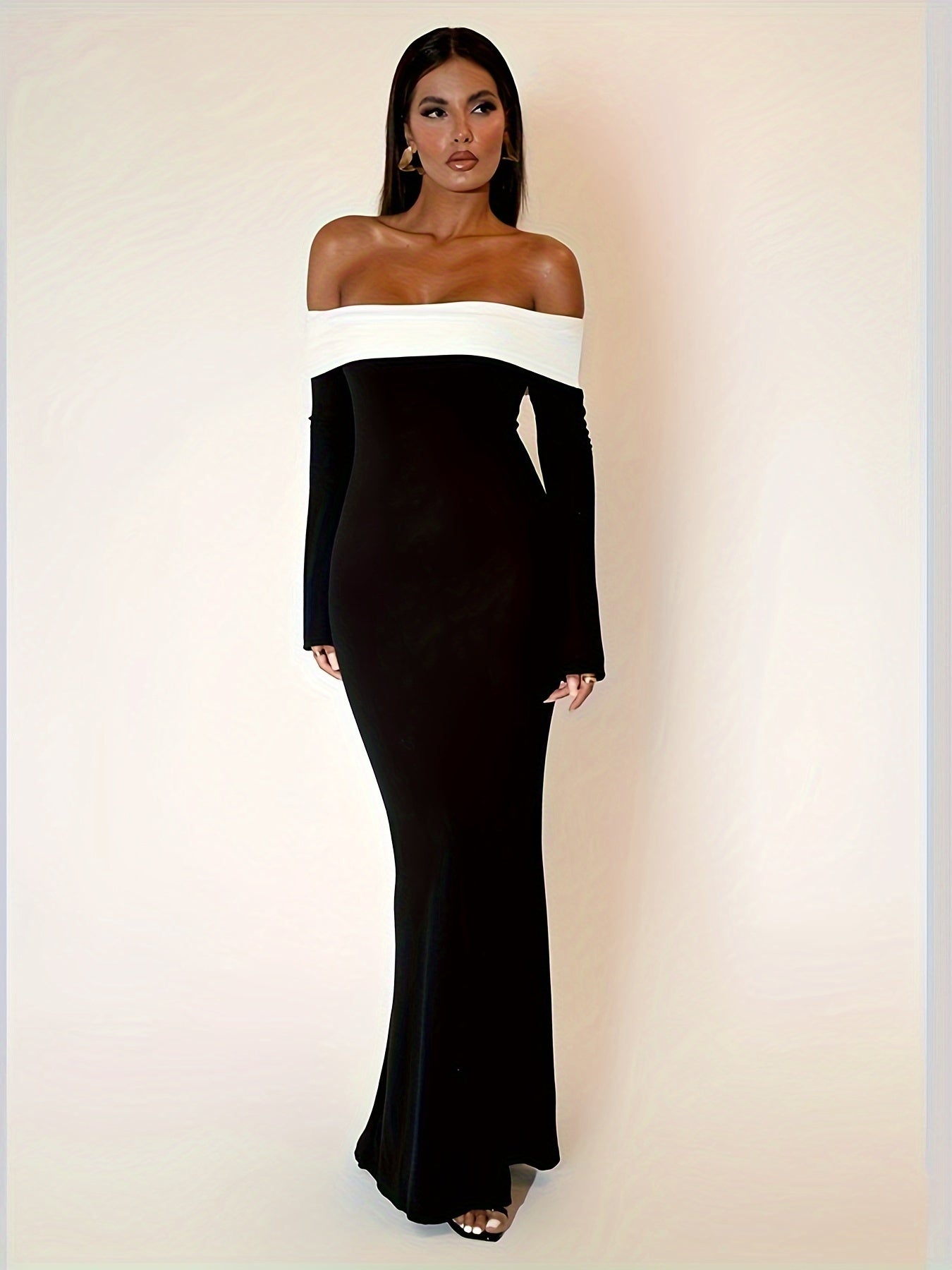 vlovelaw Contrast Trim Off Shoulder Dress, Elegant Long Sleeve Bodycon Maxi Dress For Party & Banquet, Women's Clothing