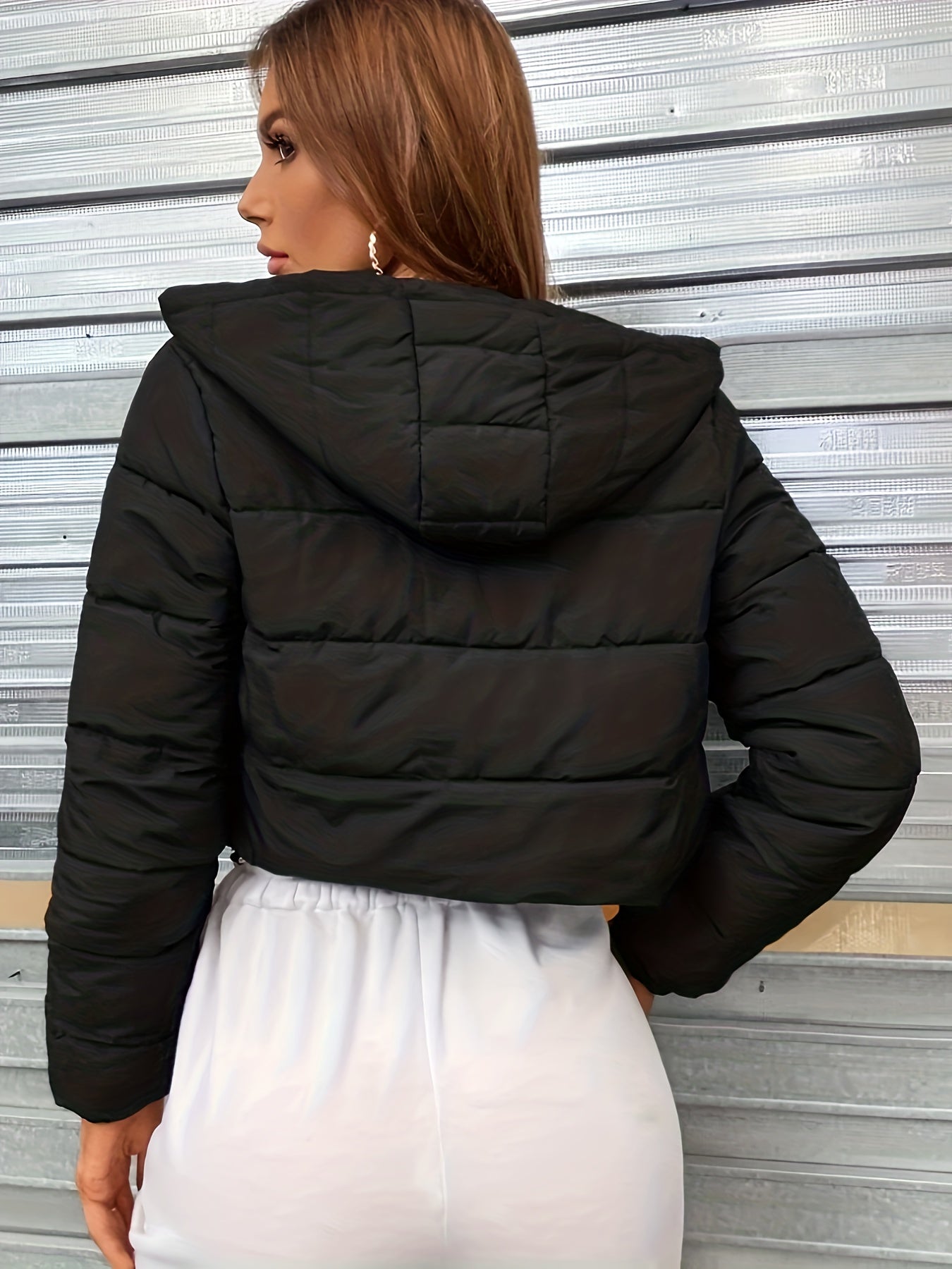 vlovelaw Zip Up Hooded Coat, Casual Solid Long Sleeve Winter Outerwear, Women's Clothing