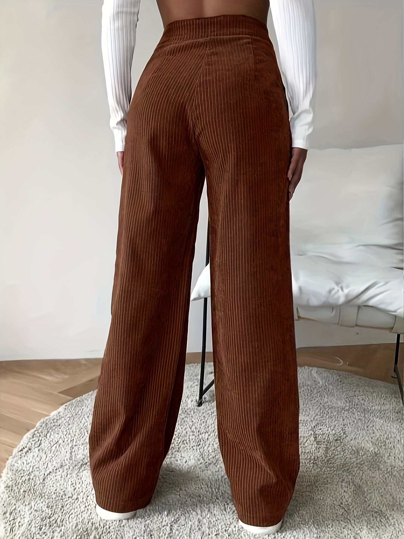 vlovelaw Plus Size Elegant Pants, Women's Plus Solid Corduroy Button Fly High Rise Slight Stretch Wide Leg Trousers With Pockets