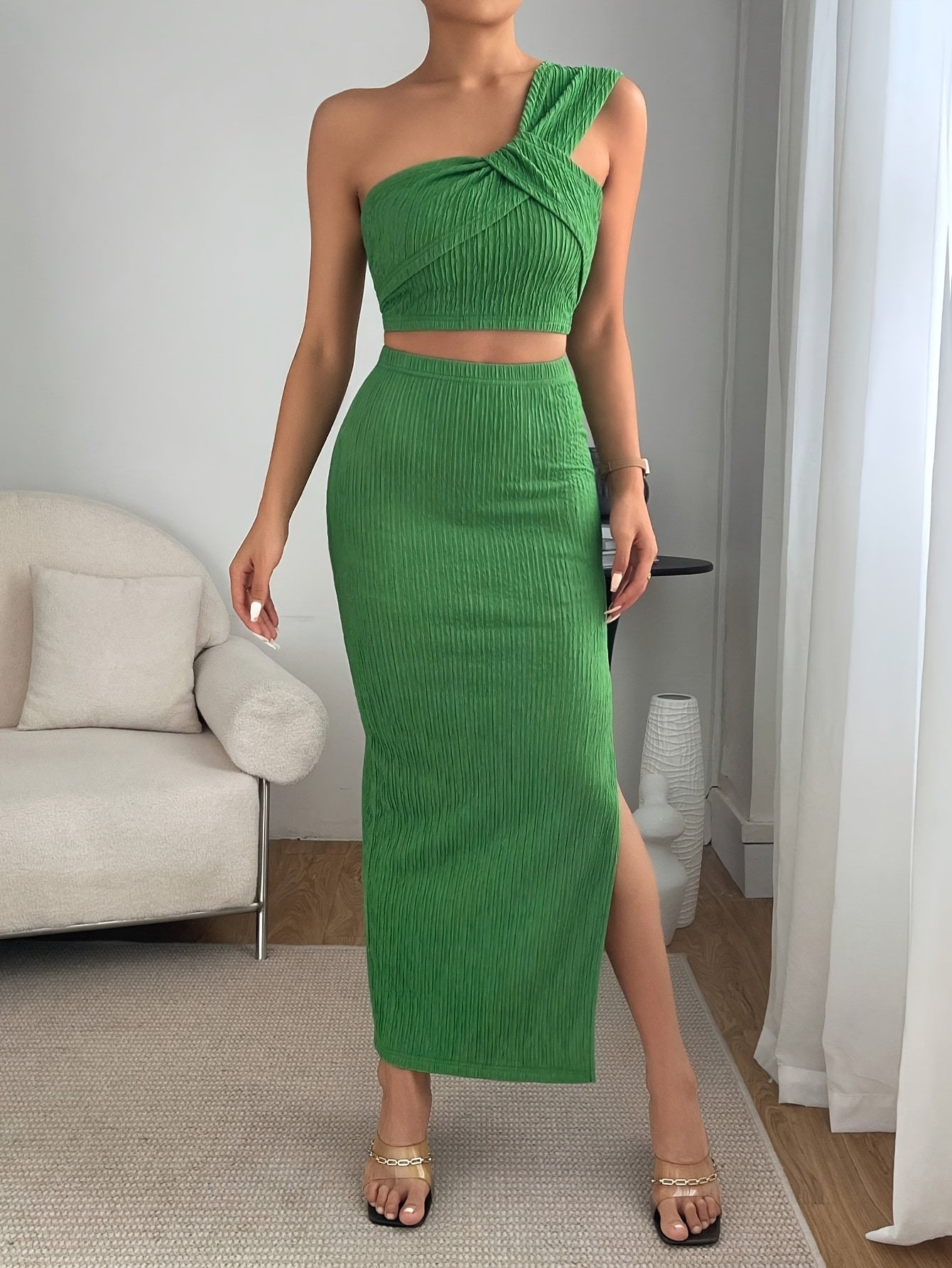 vlovelaw Solid Elegant Two-piece Skirt Set, One Shoulder Crop Top & Split Skirt Outfits, Women's Clothing
