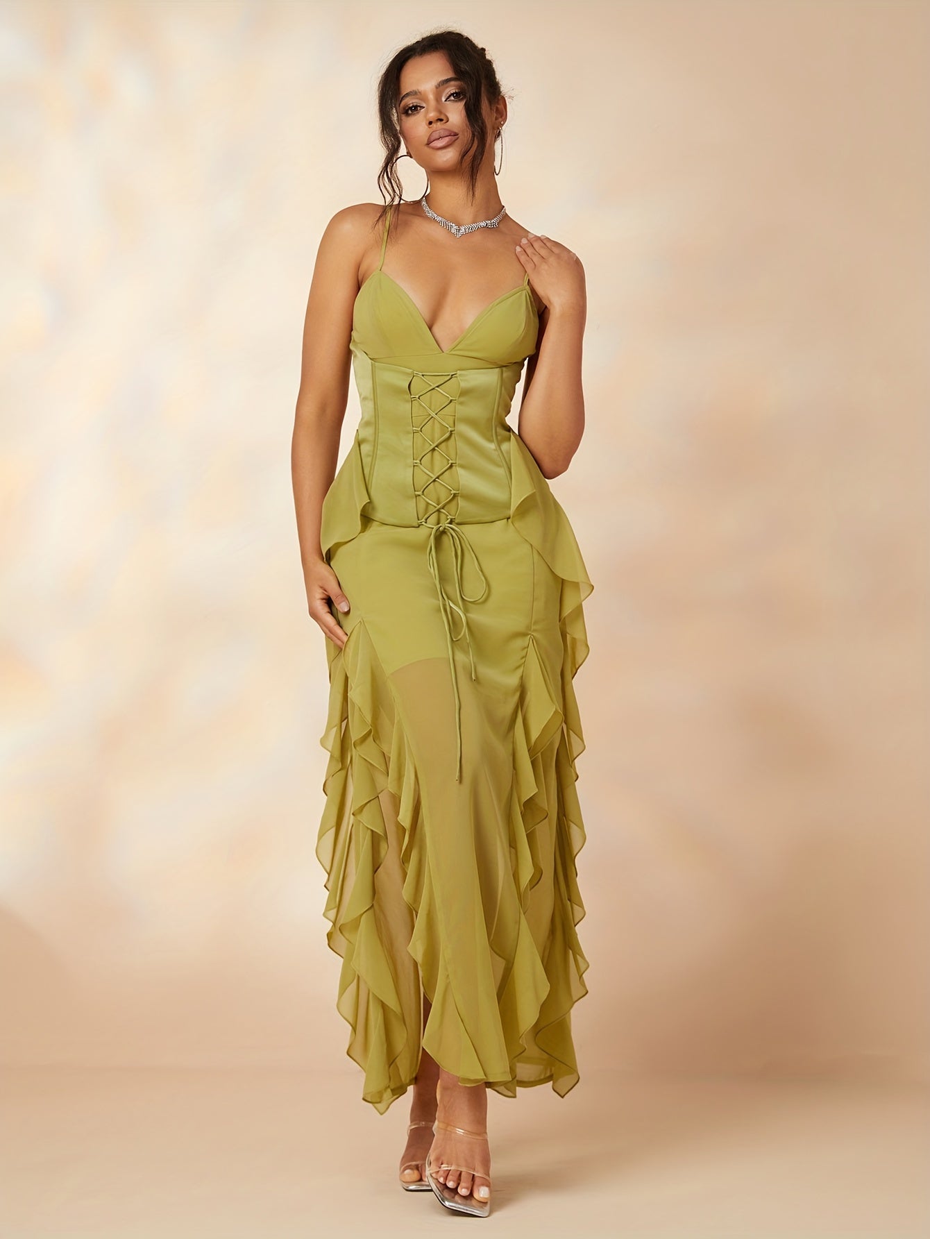vlovelaw Ruffle Trim Split Dress, Party Wear Spaghetti Strap Solid Dress, Women's Clothing