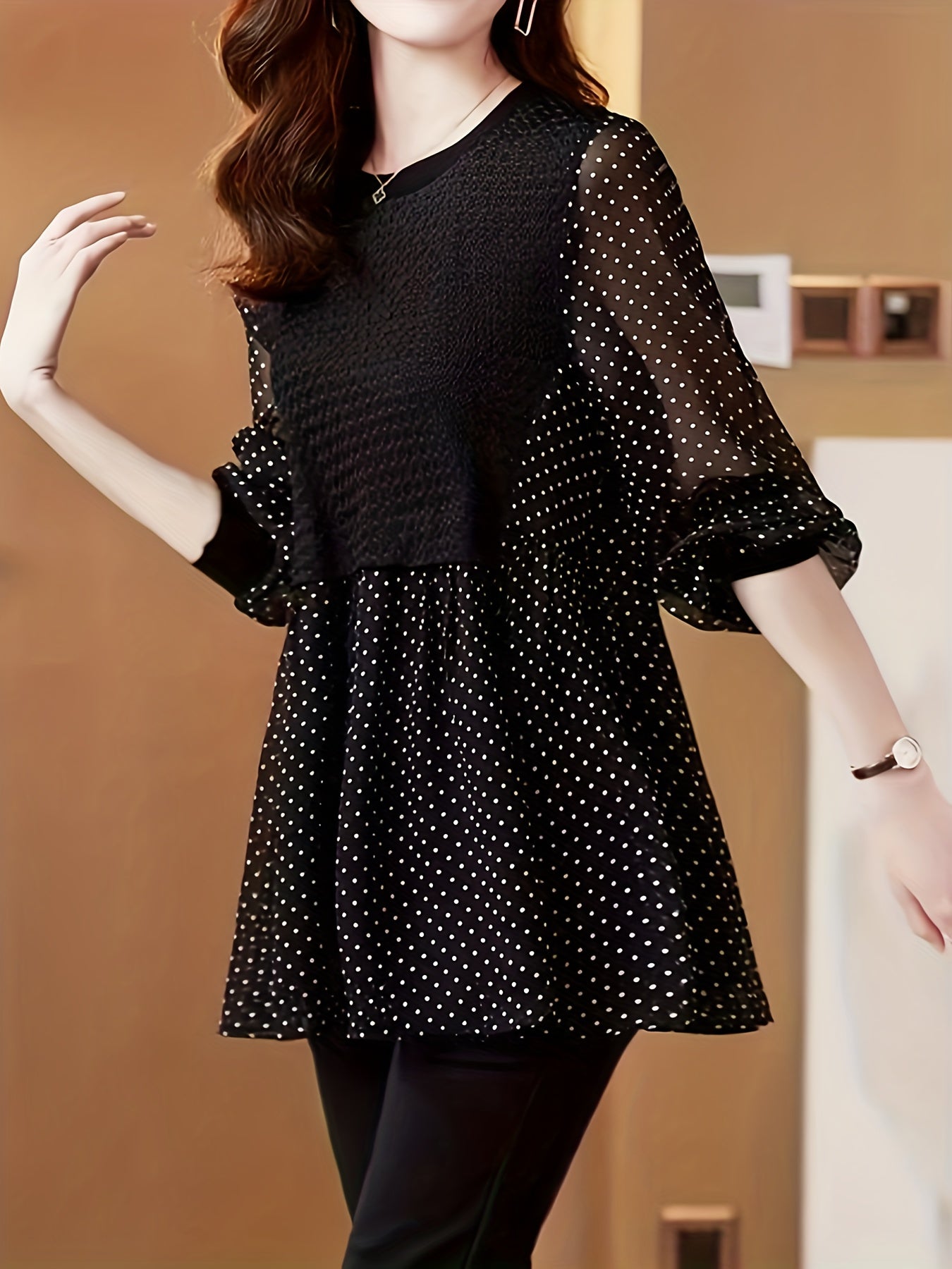 Polka Dot Print Splicing Blouse, Elegant Ruffle Hem Long Sleeve Blouse, Women's Clothing