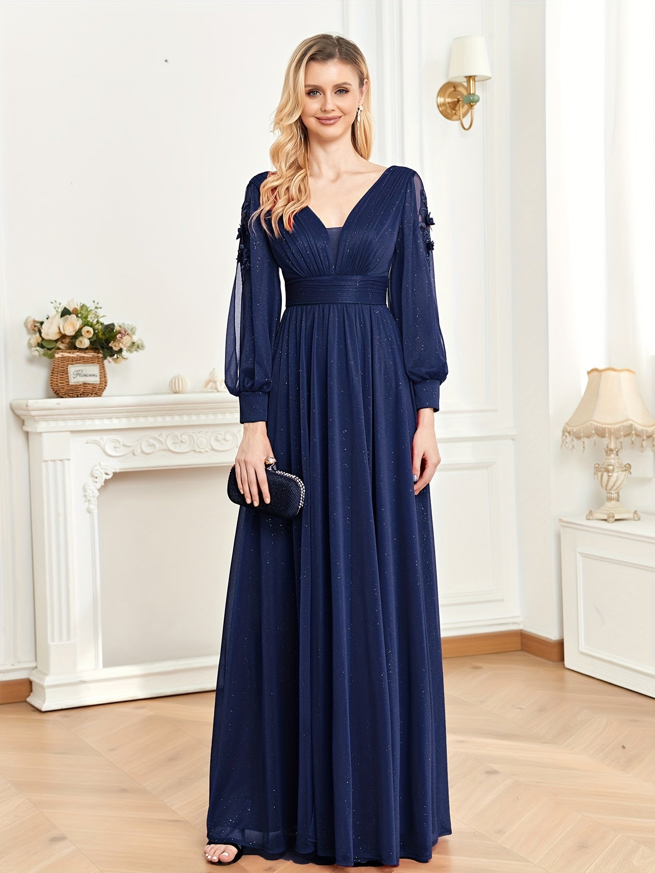 Split Hem Applique Bridesmaid Dress, Elegant Long Sleeve V-neck Dress For Wedding Party, Women's Clothing