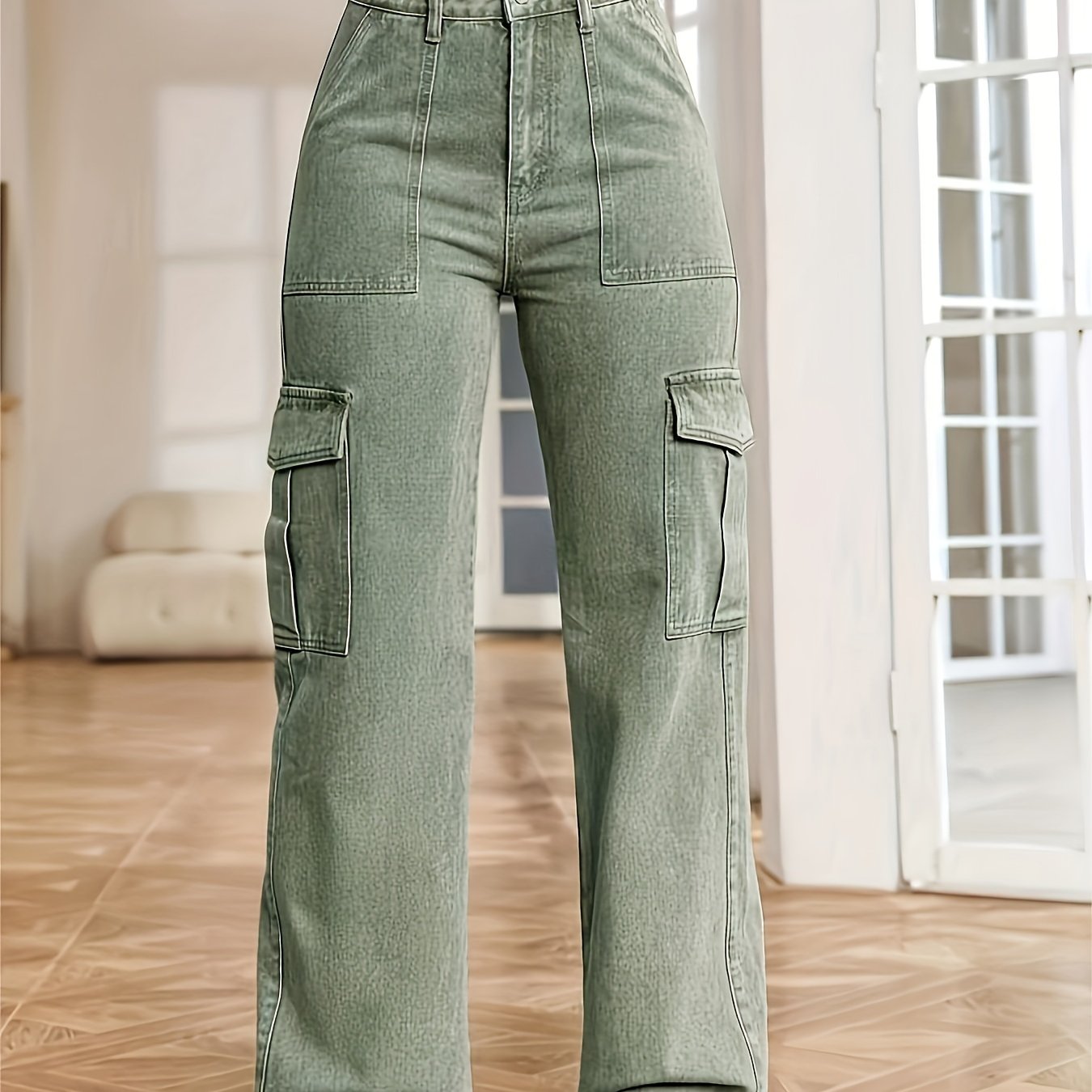 vlovelaw Washed Flap Pockets Cargo Pants, Loose Fit Y2K & Kpop Style Straight Jeans, Women's Denim Jeans & Clothing