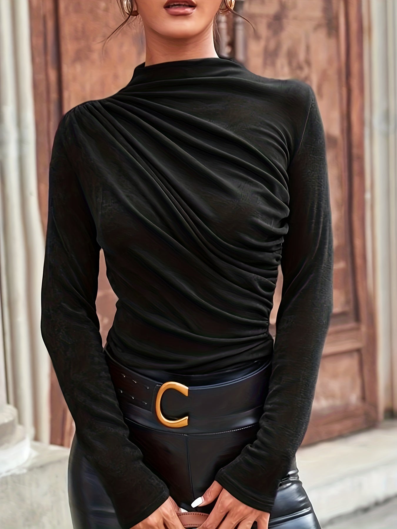 Ruched Mock Neck T-Shirt, Casual Long Sleeve Top For Spring & Fall, Women's Clothing