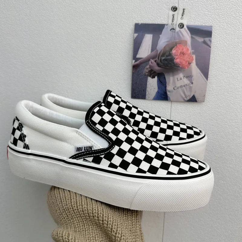 Quality Women Thick Sole Pink Canvas Shoes Checkered Female Black White Checkered Sneaker Slip On Girls Students Casual Shoes