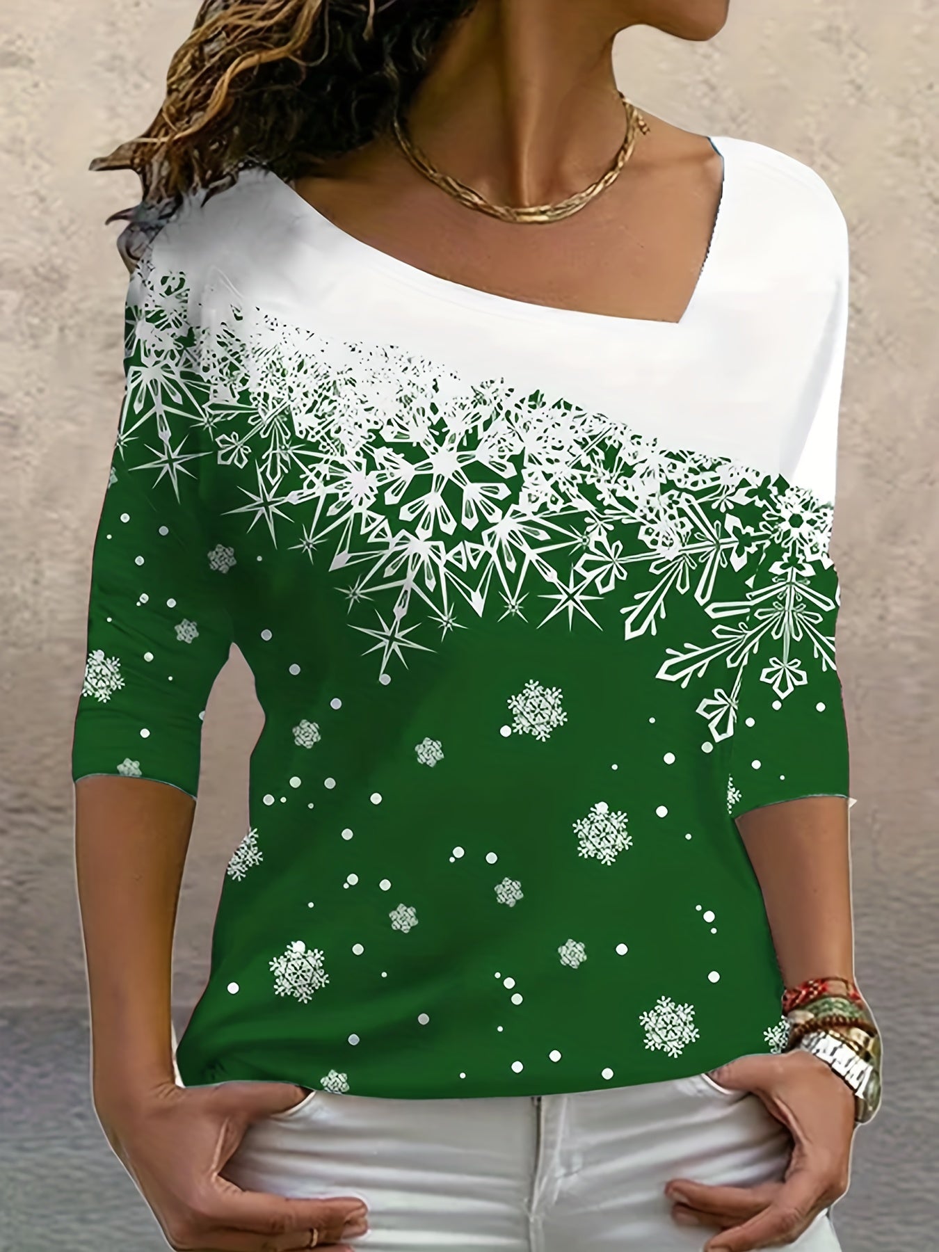 vlovelaw Snowflake Print Slant V Neck T-Shirt, Casual Long Sleeve Top For Spring & Fall, Women's Clothing