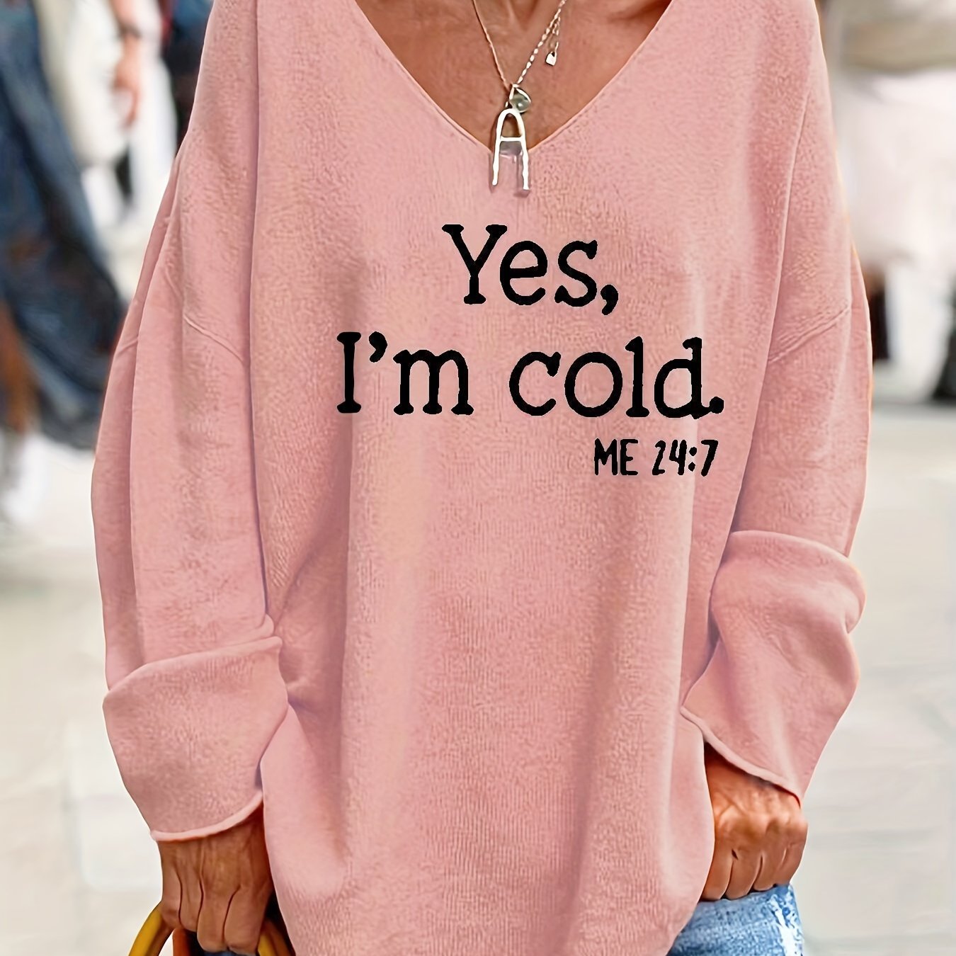 Letter Pattern V Neck Oversized Sweater, Casual Long Sleeve Rolled Trim Sweater, Women's Clothing