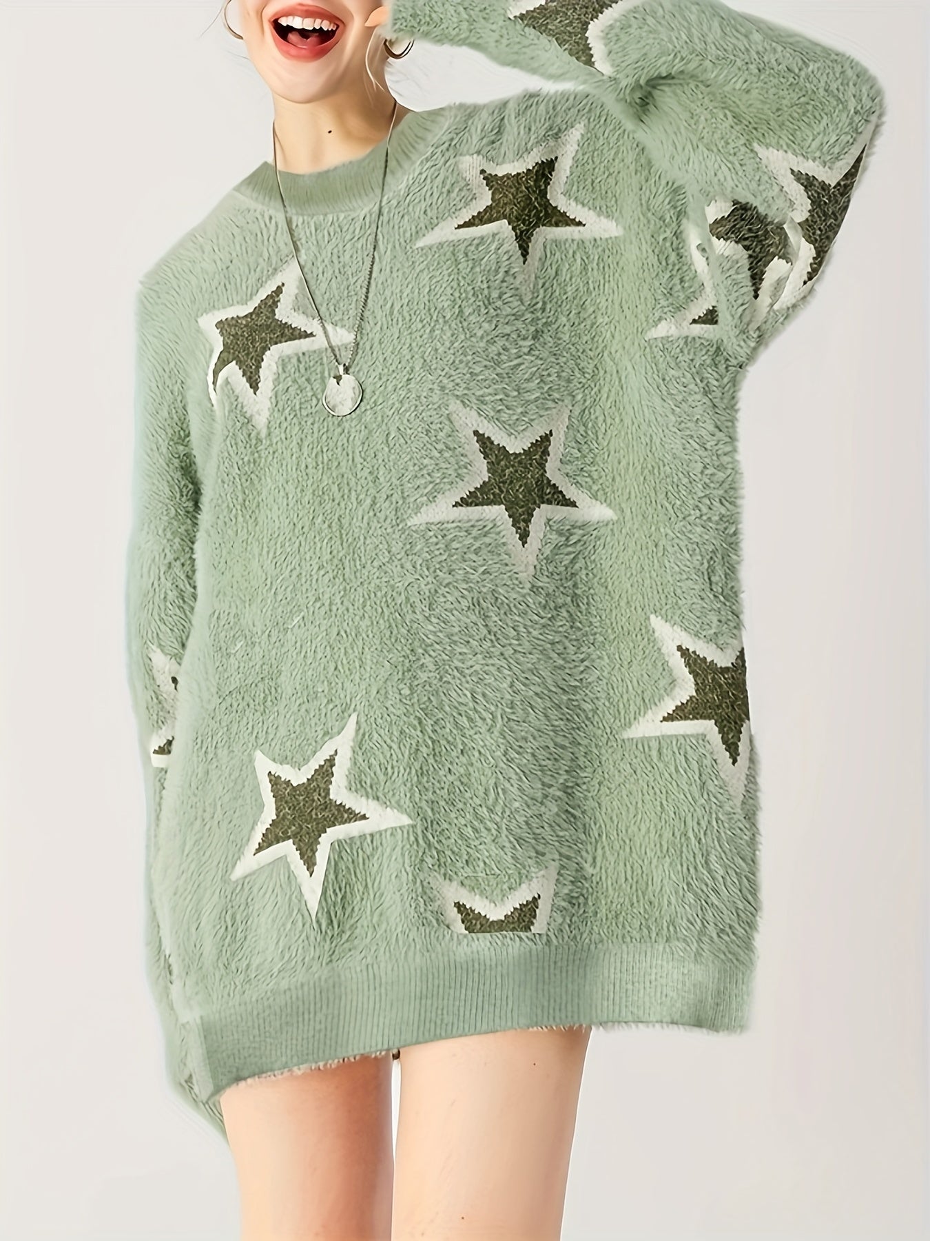 vlovelaw Star Pattern Crew Neck Sweater, Casual Long Sleeve Sweater For Fall & Winter, Women's Clothing