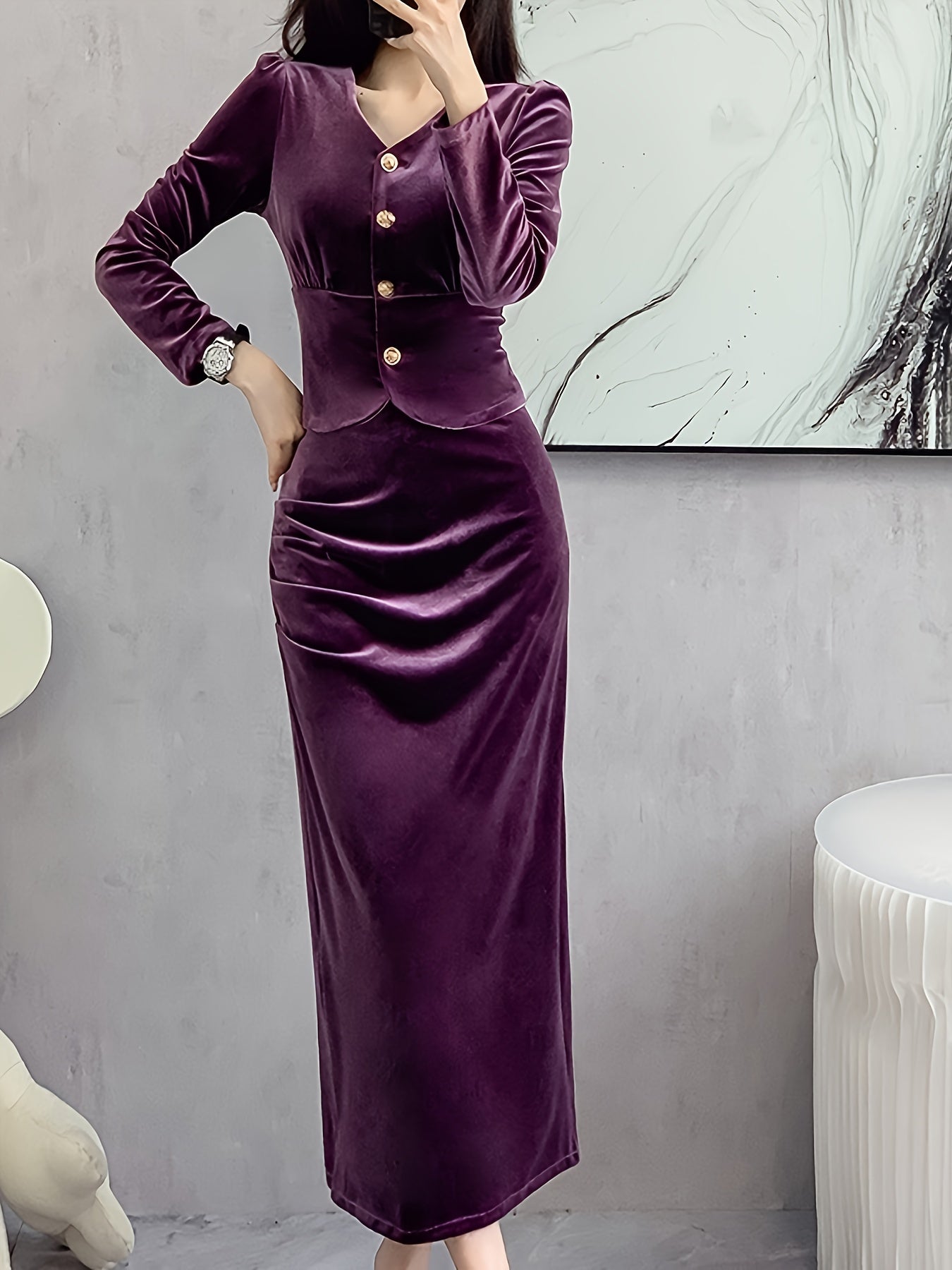 vlovelaw Solid Bodycon Two-piece Set, Button Front Long Sleeve Tops & High Waist Midi Skirts Outfits, Women's Clothing