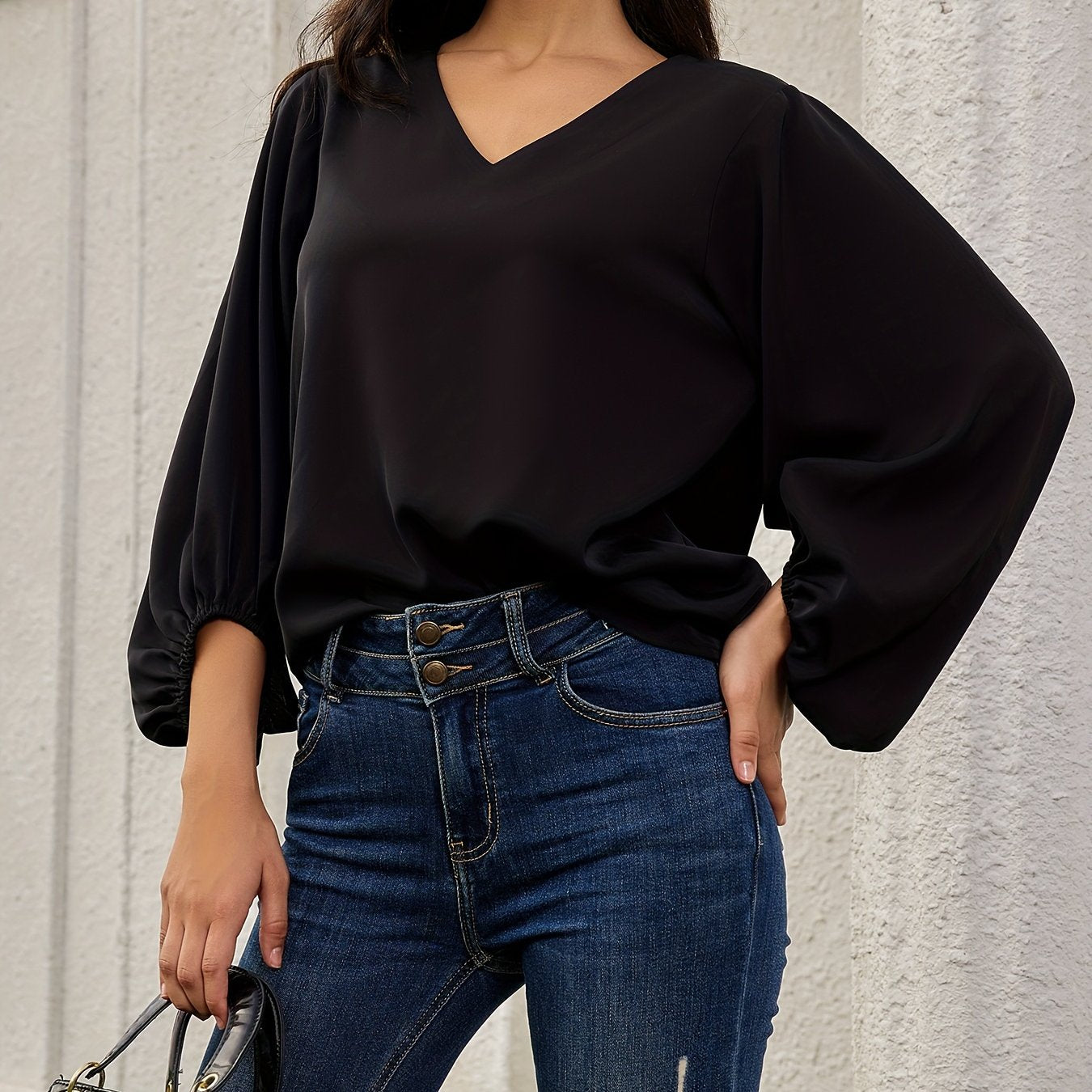 Solid V Neck Blouse, Elegant Lantern Sleeve Blouse For Spring & Fall, Women's Clothing