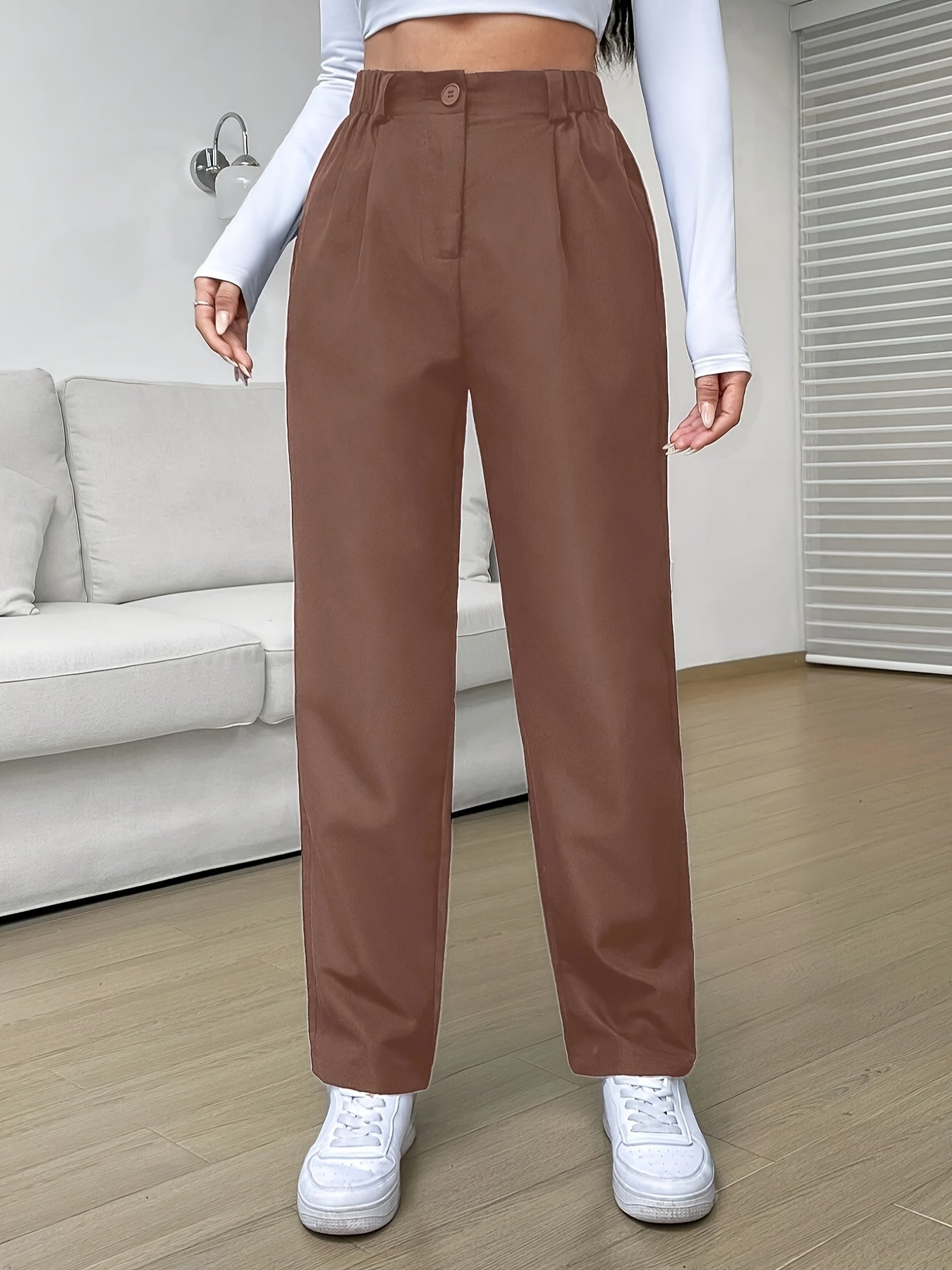 vlovelaw Solid Straight Leg Pants, Elegant High Waist Pants, Women's Clothing
