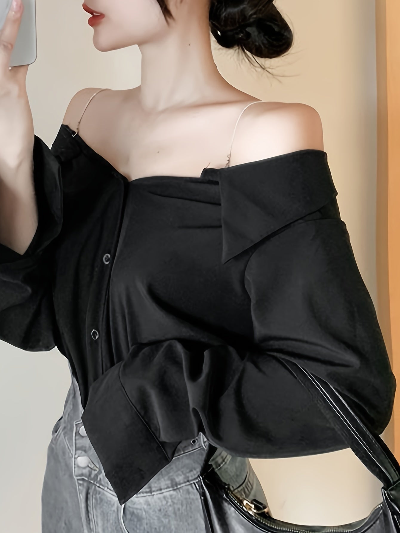 vlovelaw Solid Off Shoulder Button Front Blouse, Casual Long Sleeve Blouse For Spring & Fall, Women's Clothing
