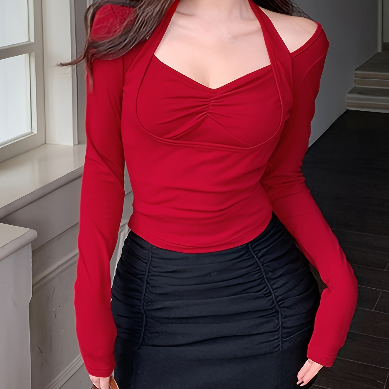 vlovelaw Solid Ruched Halter T-Shirt, Versatile Long Sleeve Slim T-Shirt For Spring & Fall, Women's Clothing