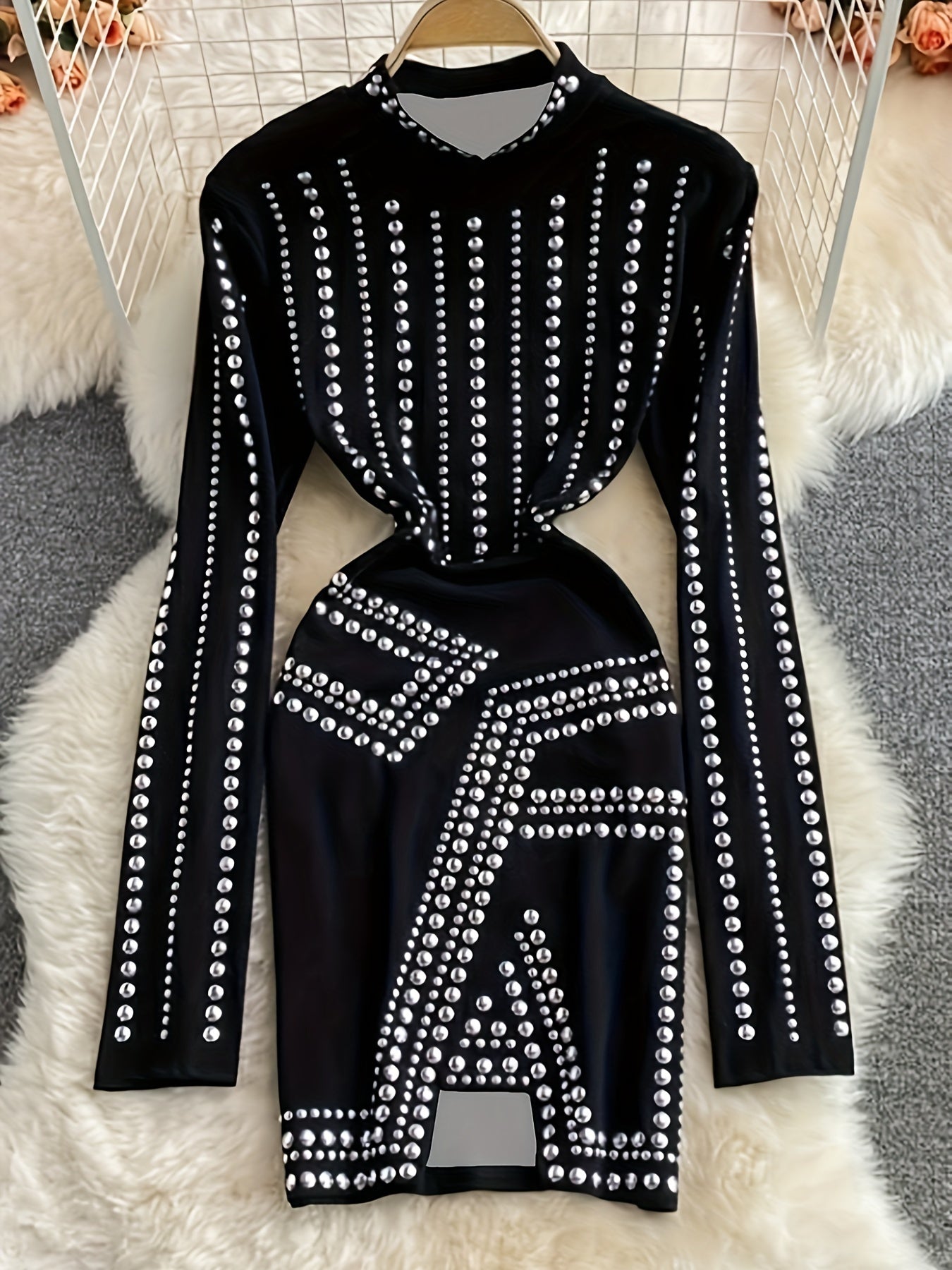 vlovelaw Plus Size Sequin Decor Bodycon Dress, Casual Mock Neck Long Sleeve Dress, Women's Plus Size Clothing