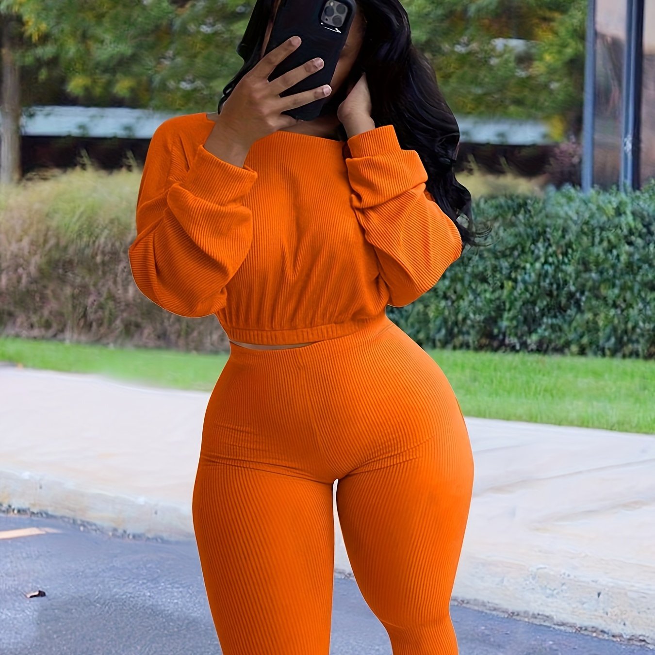 vlovelaw Solid Casual Two-piece Set, Crew Neck Long Sleeve Tops & High Waist Pants Outfits, Women's Clothing