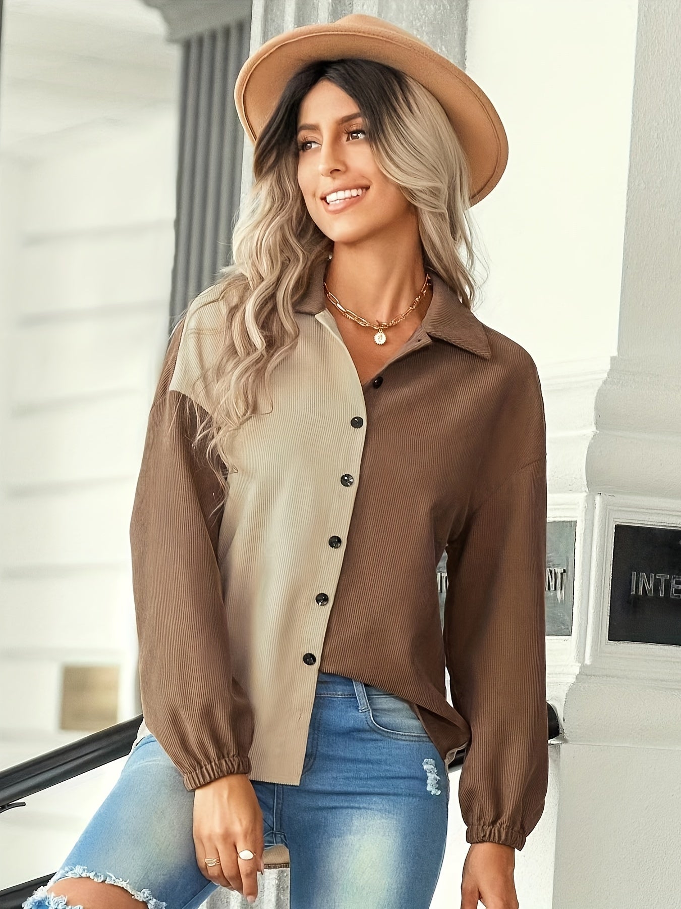 Color Block Button Front Shirt, Casual Long Sleeve Lapel Shirt, Women's Clothing