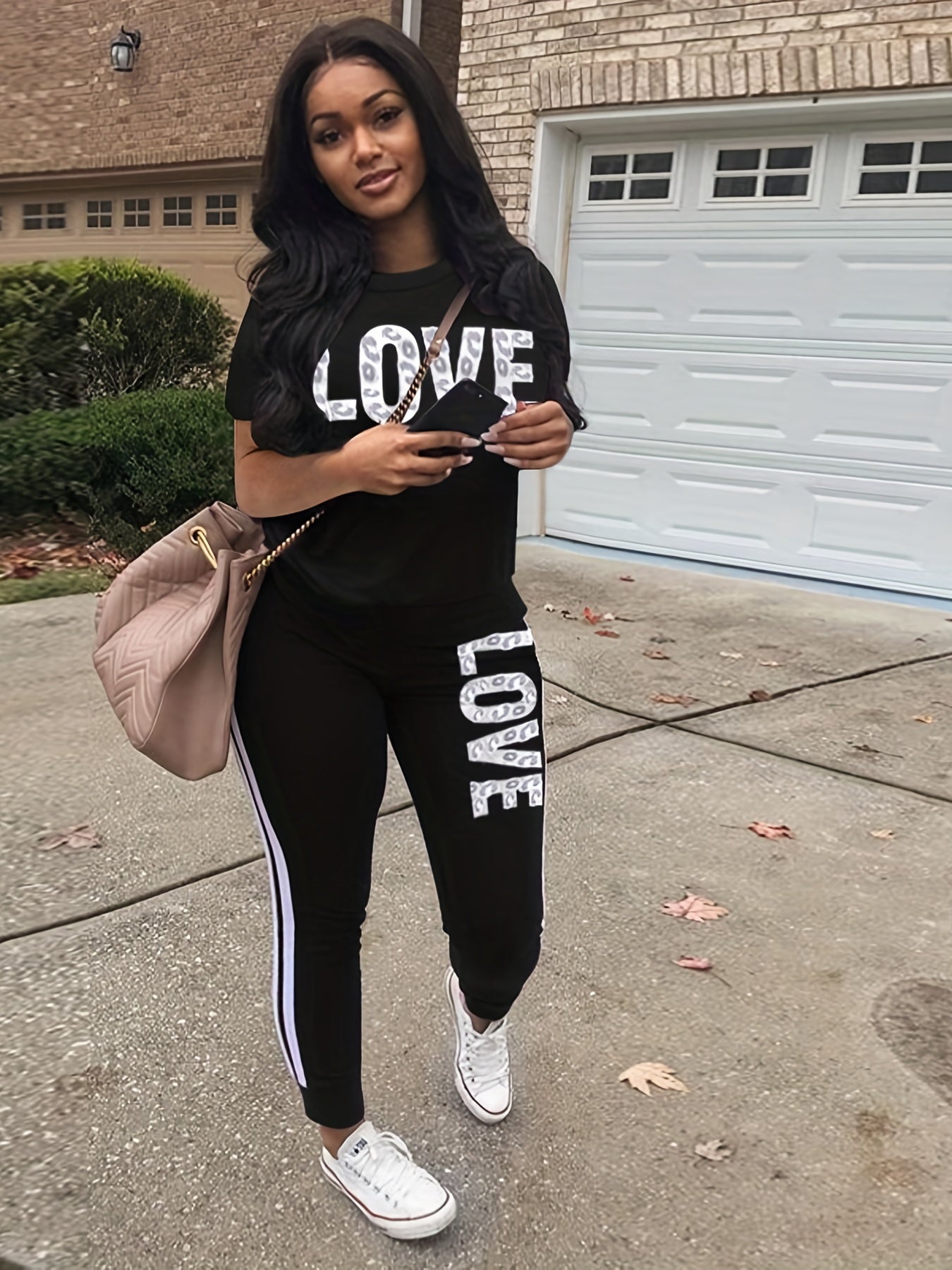 Casual Letter Print Two-piece Set, Short Sleeve T-shirt & Side Striped Pants Outfits, Women's Clothing