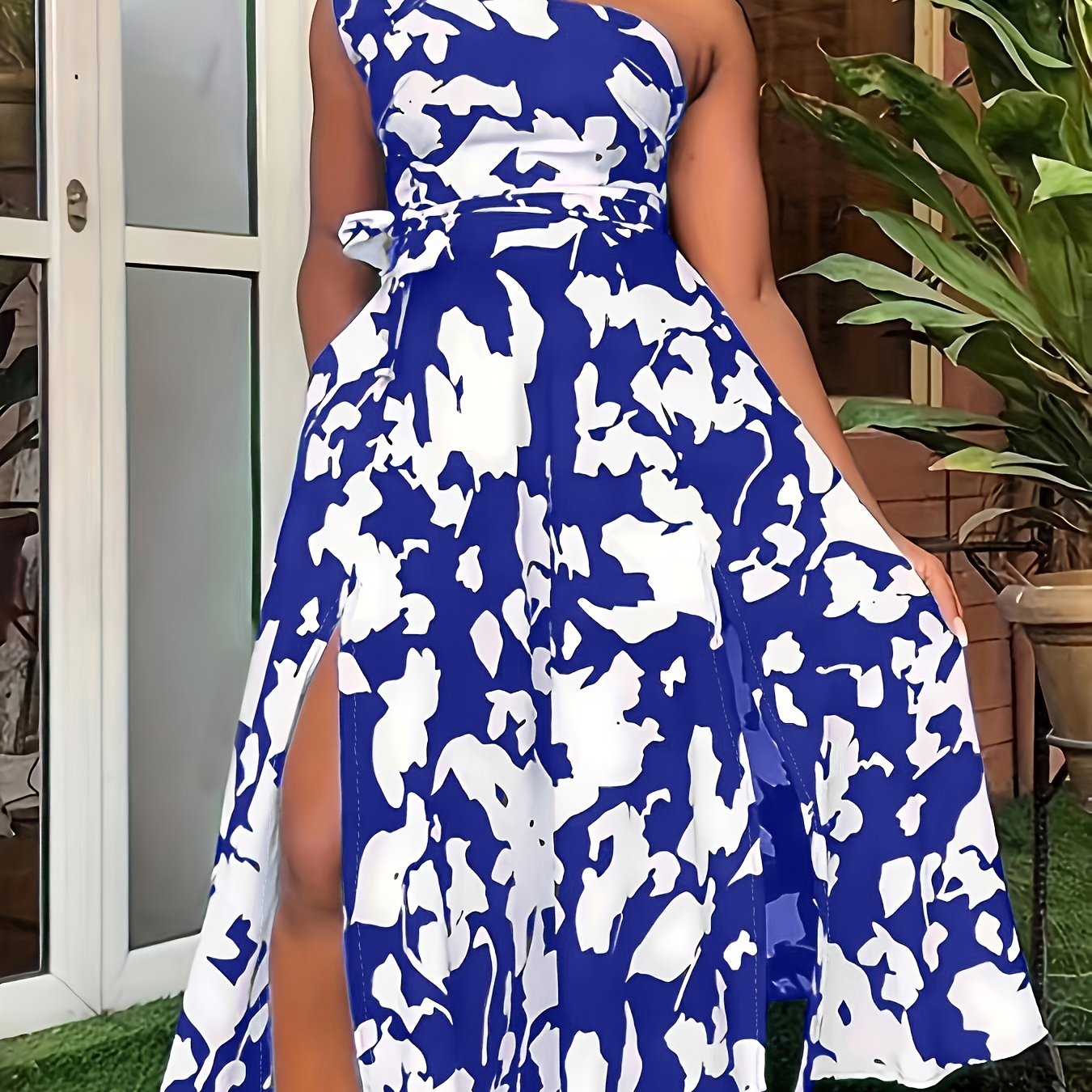 vlovelaw Plus Size Elegant Dress, Women's Plus Geometric Print One Shoulder Split Hem Party Dress