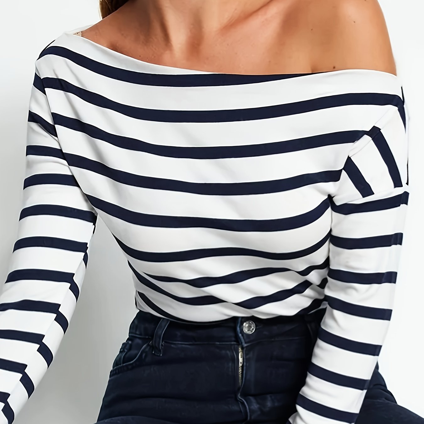 Striped Print One Shoulder T-Shirt, Long Sleeve Top For Spring & Fall, Women's Clothing