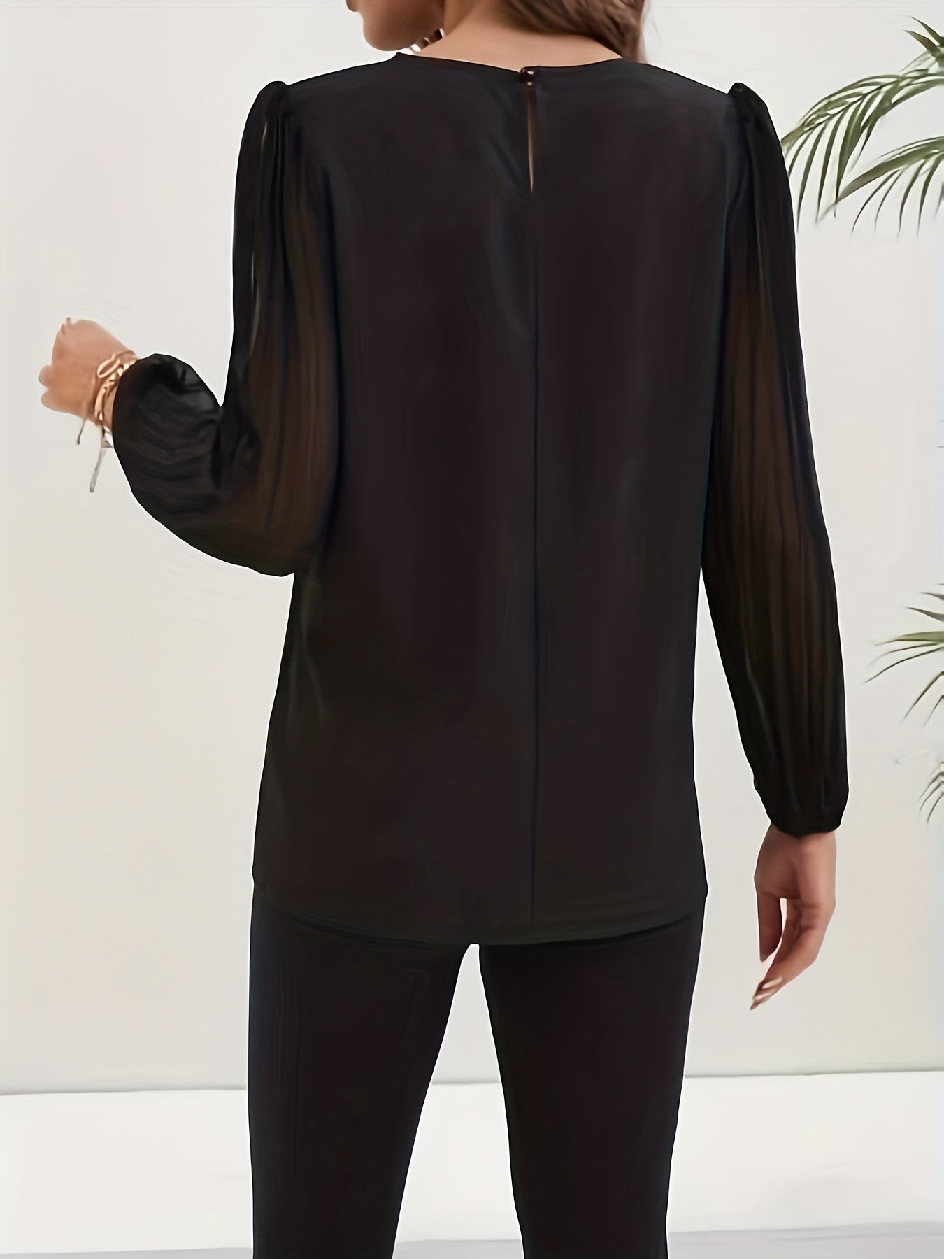 vlovelaw Solid Pleated Blouse, Elegant Crew Neck Long Sleeve Work Office Blouse, Women's Clothing