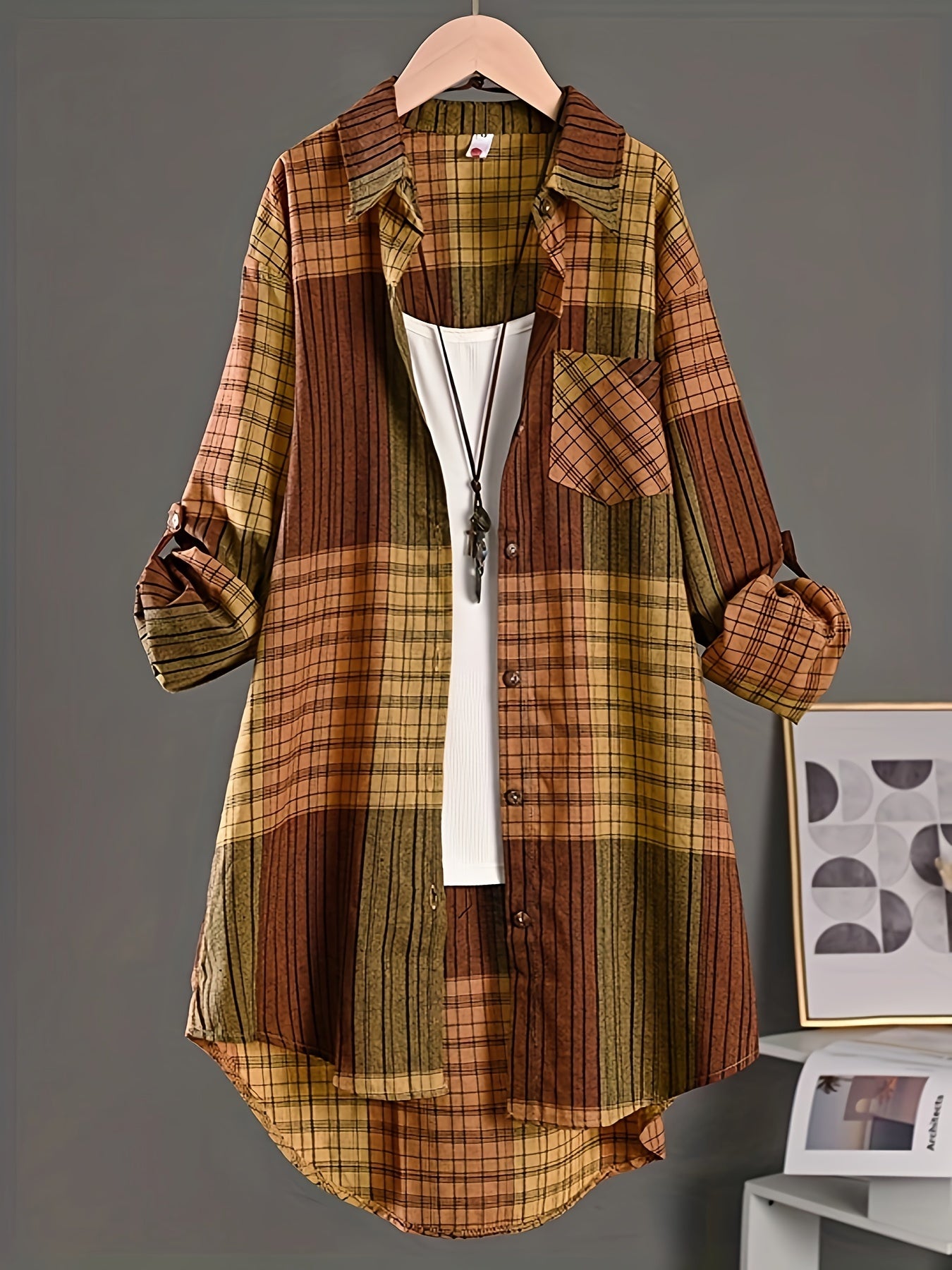 Colorblock Plaid Print Polo Collar Shirt, Casual Pocket Long Sleeve Shirt For Spring & Fall, Women's Clothing