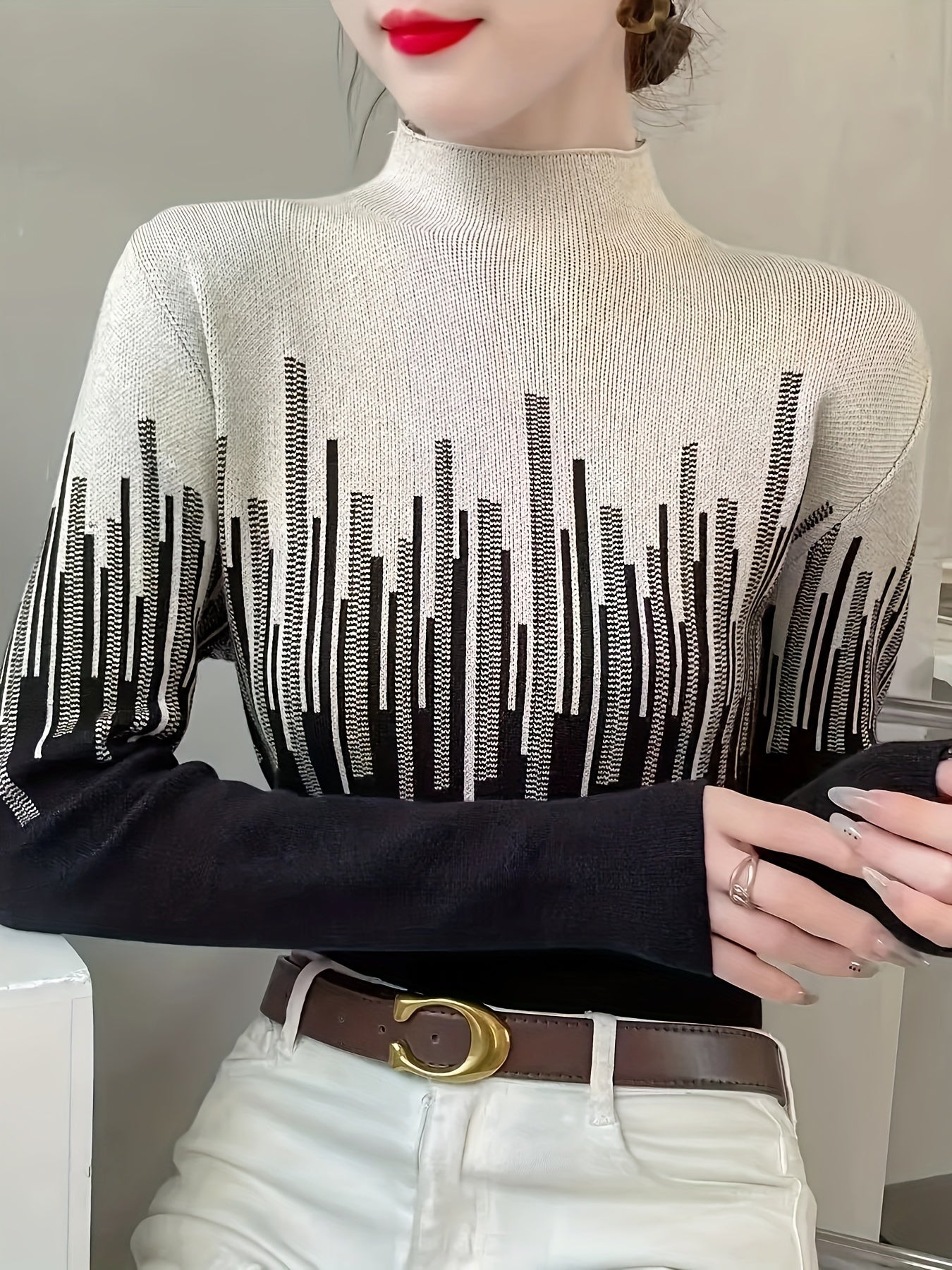 Color Block Mock Neck Pullover Sweater, Elegant Long Sleeve Slim Fashion Sweater, Women's Clothing