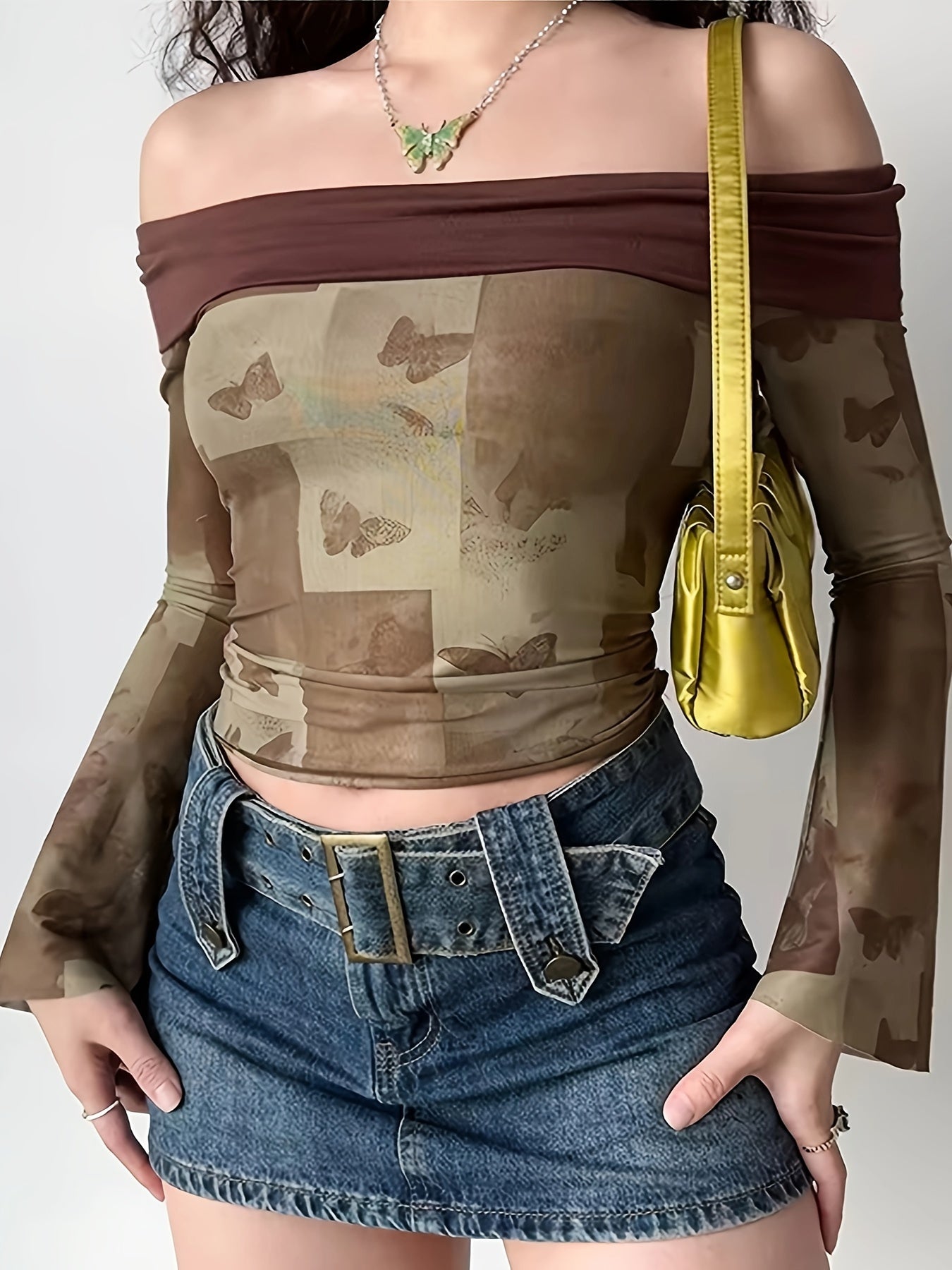 vlovelaw Butterfly Print Off Shoulder T-Shirt, Casual Long Sleeve Top For Spring & Fall, Women's Clothing