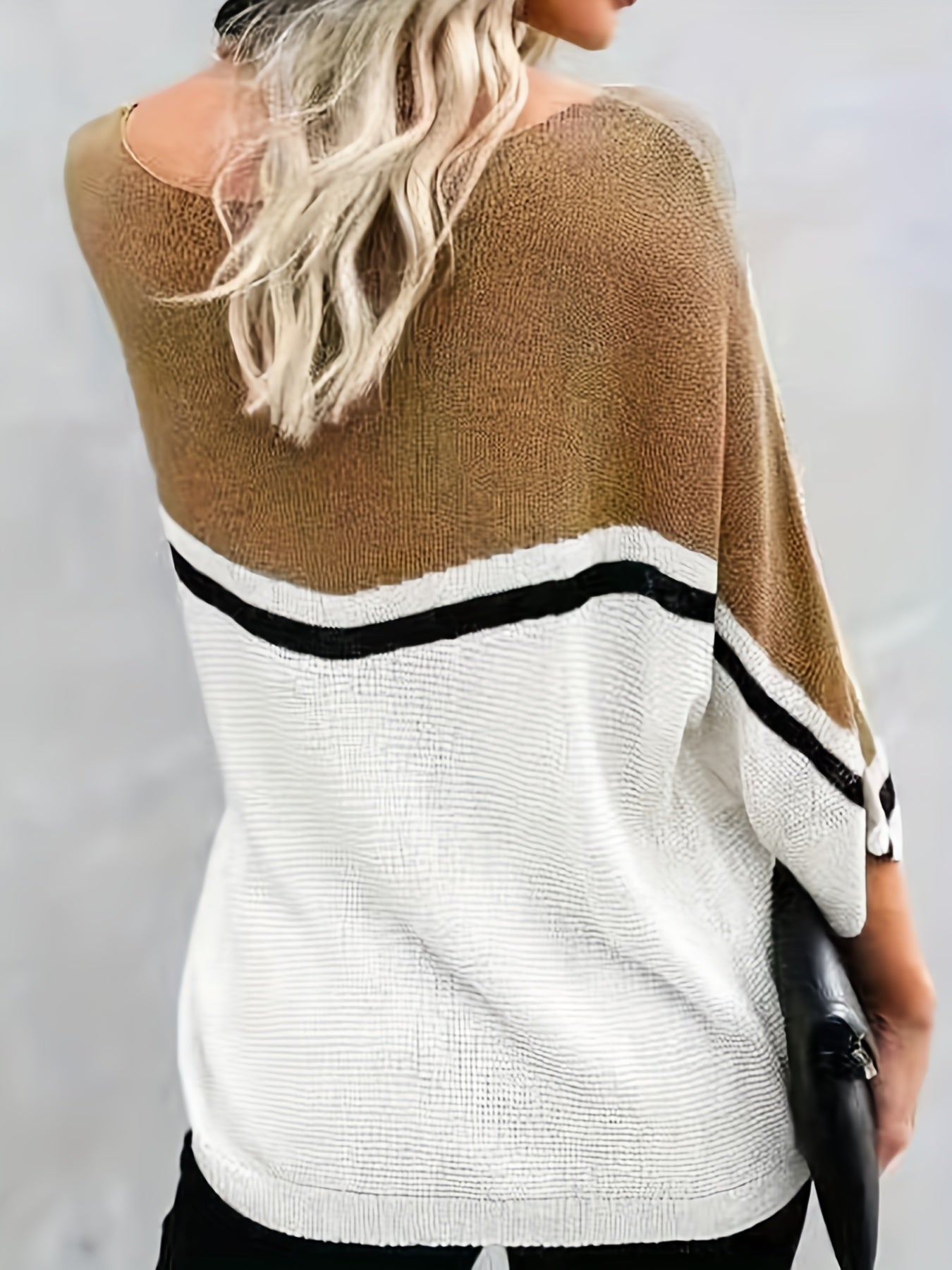 vlovelaw Striped Color Block Sweater, Casual Boat Neck Half Sleeve Loose Knit Sweater For Spring & Fall, Women's Clothing
