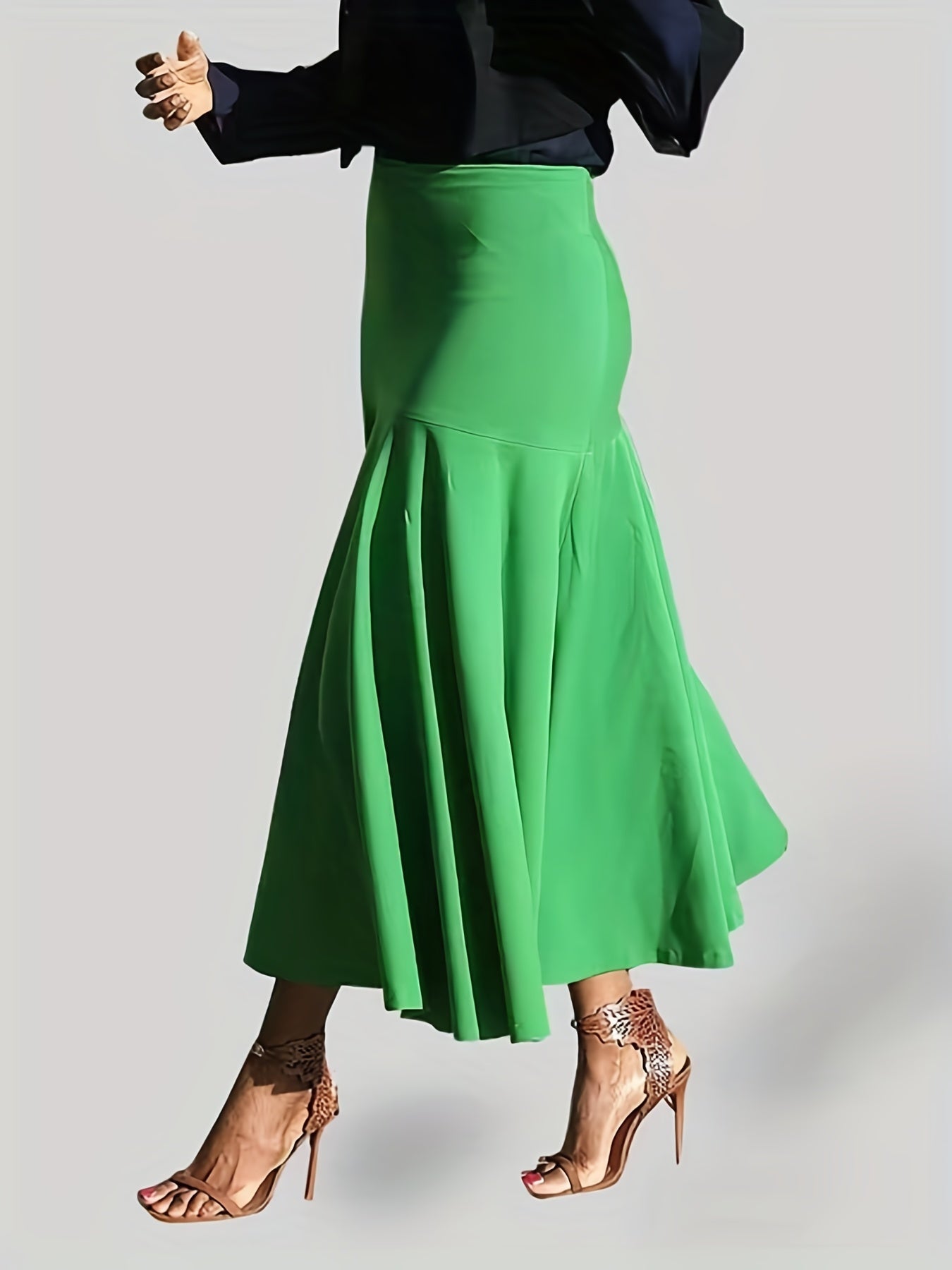 vlovelaw Plus Size Party Skirt, Women's Plus Solid High Rise Non-stretch Maxi Mermaid Skirt