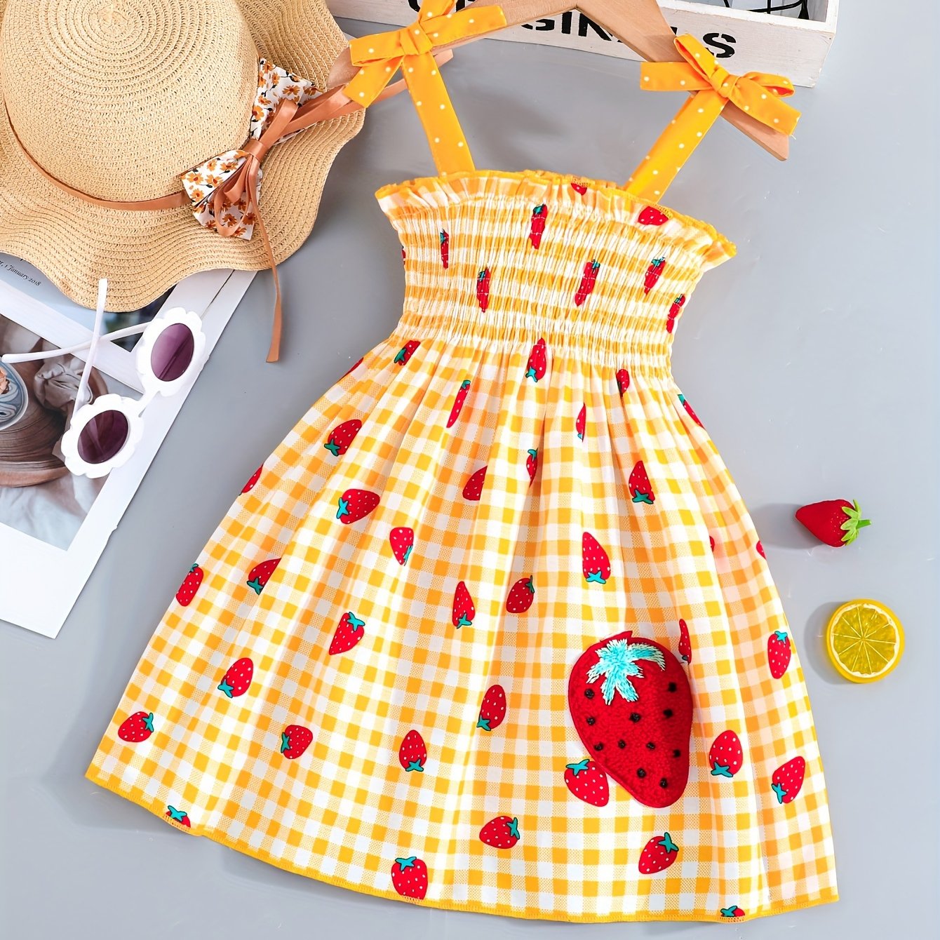 Adorable Sleeveless Strawberry Plaid Print Umbrella Skirt Dress for Girls - Cute Bow Straps, Slight Stretch Fabric, Flared Hem, Regular Fit, Perfect for Summer Holiday Party